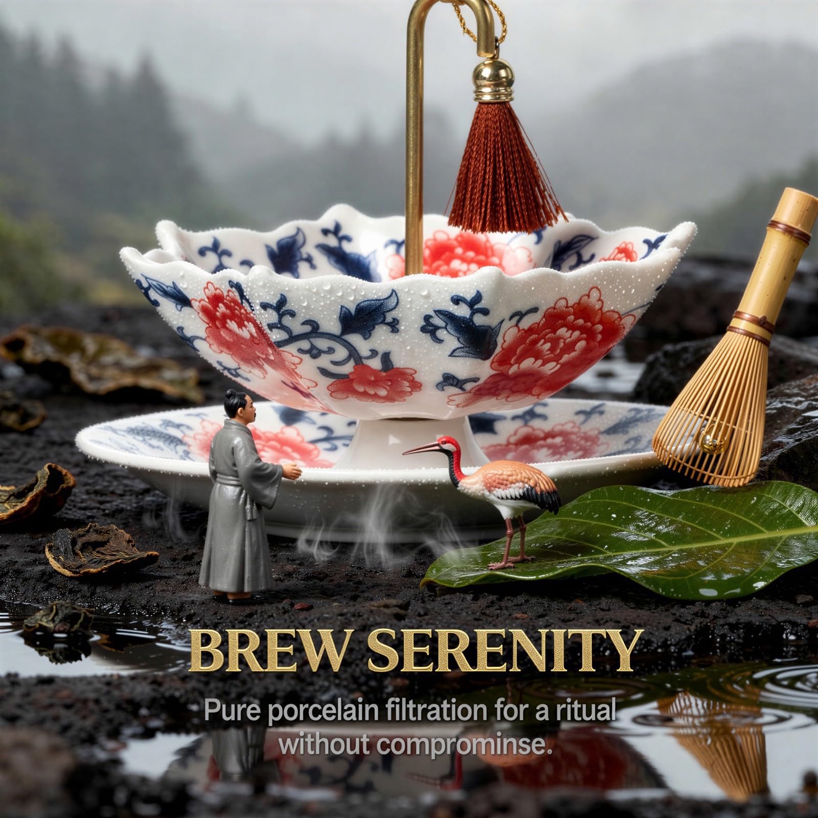 Filtre à thé en céramique, porcelaine bleue et blanche pour thé kung fu, en forme d'ombrelle avec base et poignée dorée, infuseur élégant pour la maison, le bureau et les cadeaux d'entreprise