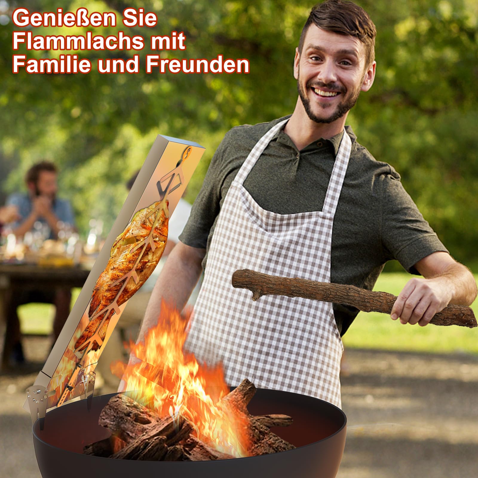 Flammlachsbrett Edelstahl|Extra breit 18cm Flammlachshalter passend für feuerschale und Grills mit Wandstärke bis Weniger als 8mm, Perfekte Alternative zum Flammlachsbrett