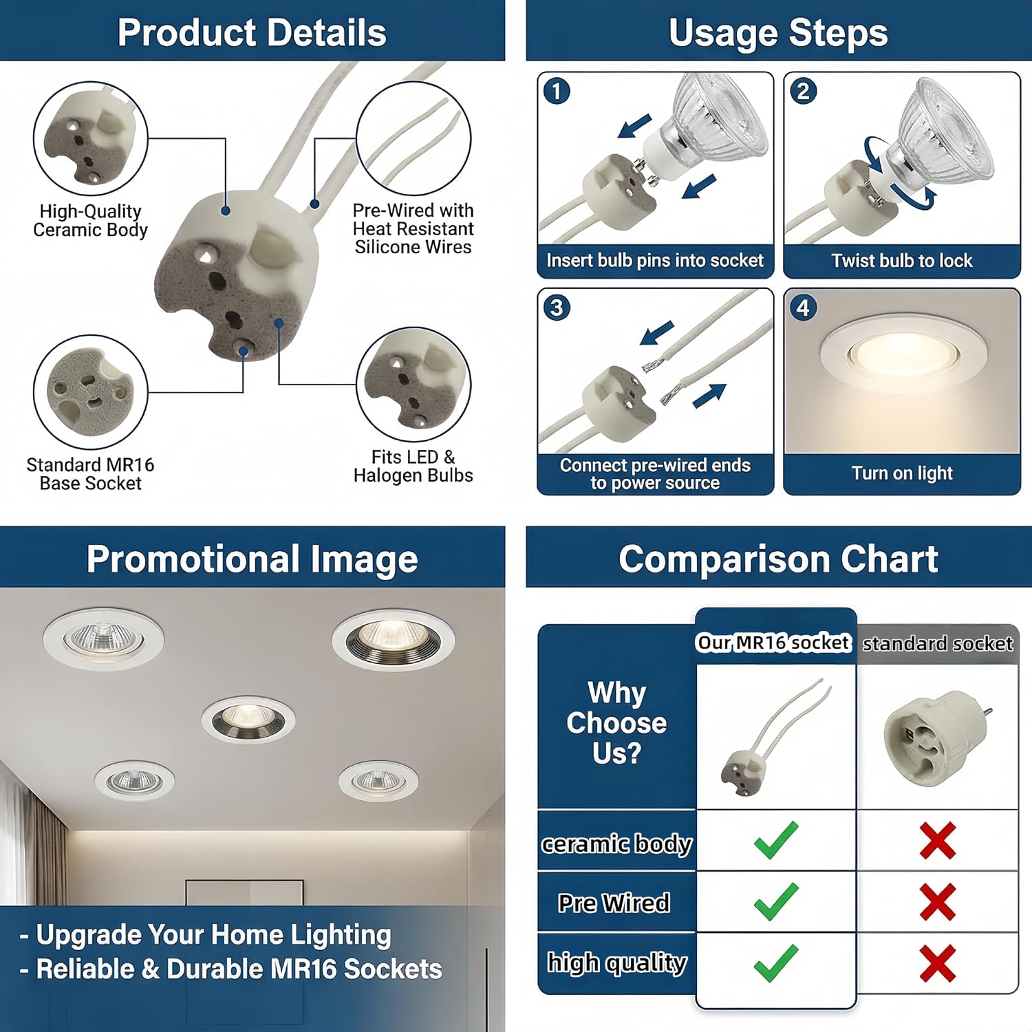 10 Pack MR16 Ceramic sockets,Suitable for Halogen Bulbs,Mini Bi-Pin Lamp Holder Base Connector,Compatible MR11/G5.3/G4/G5 sockets
