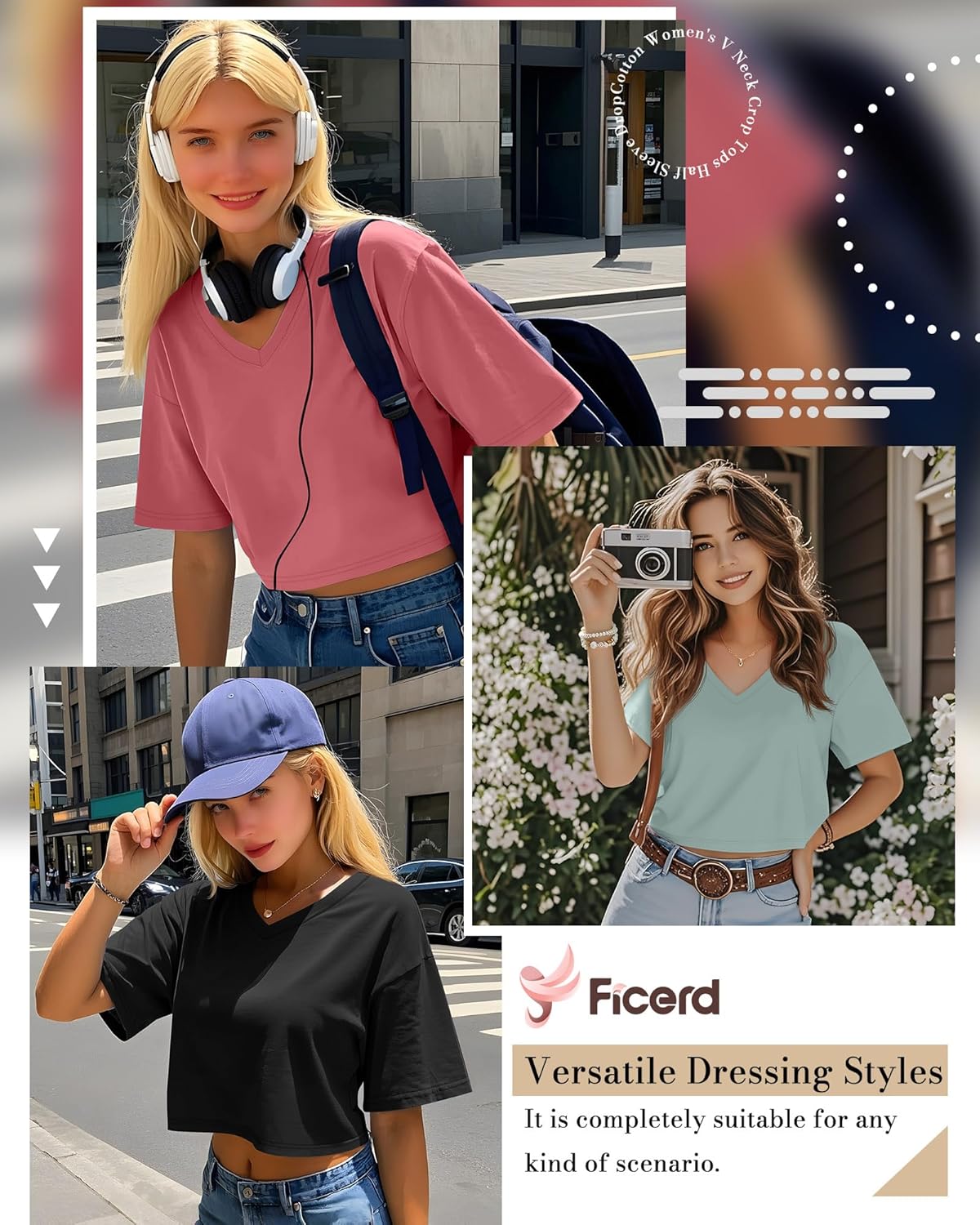 Ficerd 3 Pack Women's V Neck Crop Tops Half Sleeve Drop Shoulder Basics Cropped Top Boxy Tees for Girls - Image 5