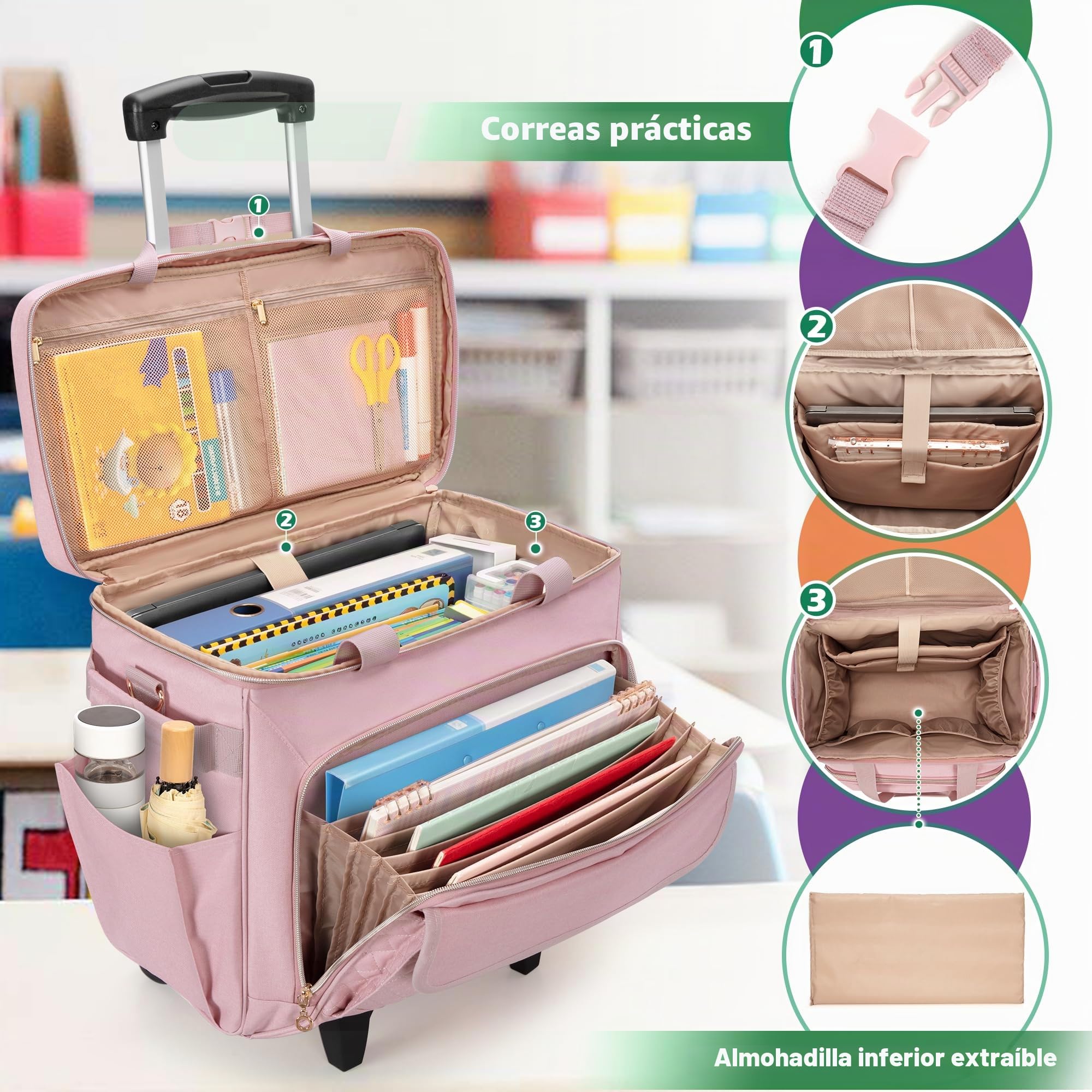 Luxja Bolsa de Profesora con Ruedas con Compartimento para Computadora Portátil y Plataforma Rodante Desmontable, Bolso para Maestra con Área de Archivo de Acordeón (Solo Bolsa), Rosa