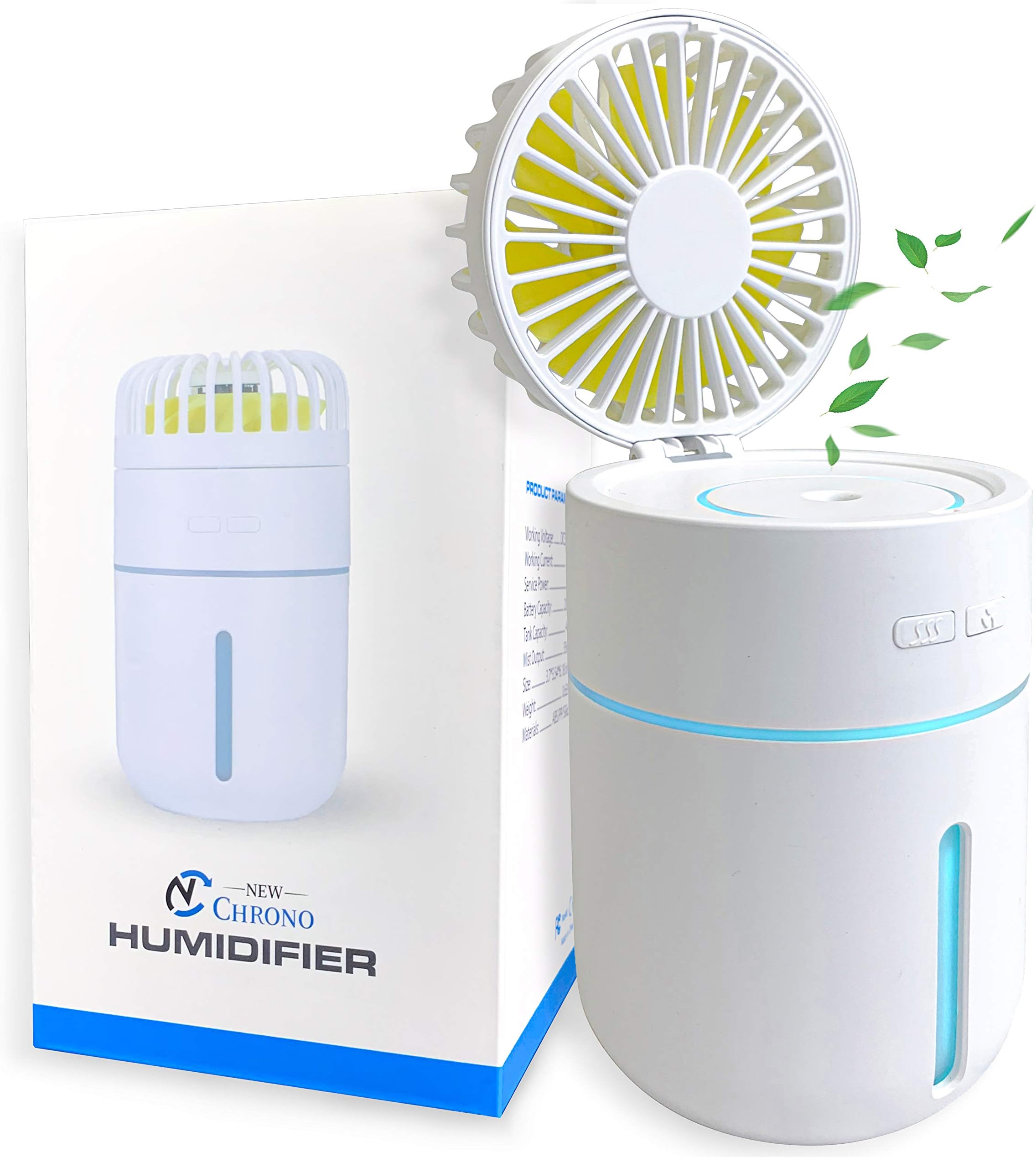 New Chrono Ultrasonic Cool Mist Humidifier with Fan, Portable USB Rechargeable Battery, 400ml Capacity with 7 Color Night Lights, Small Personal Desktop Air Misting Fan for Home Bedroom Car & Office
