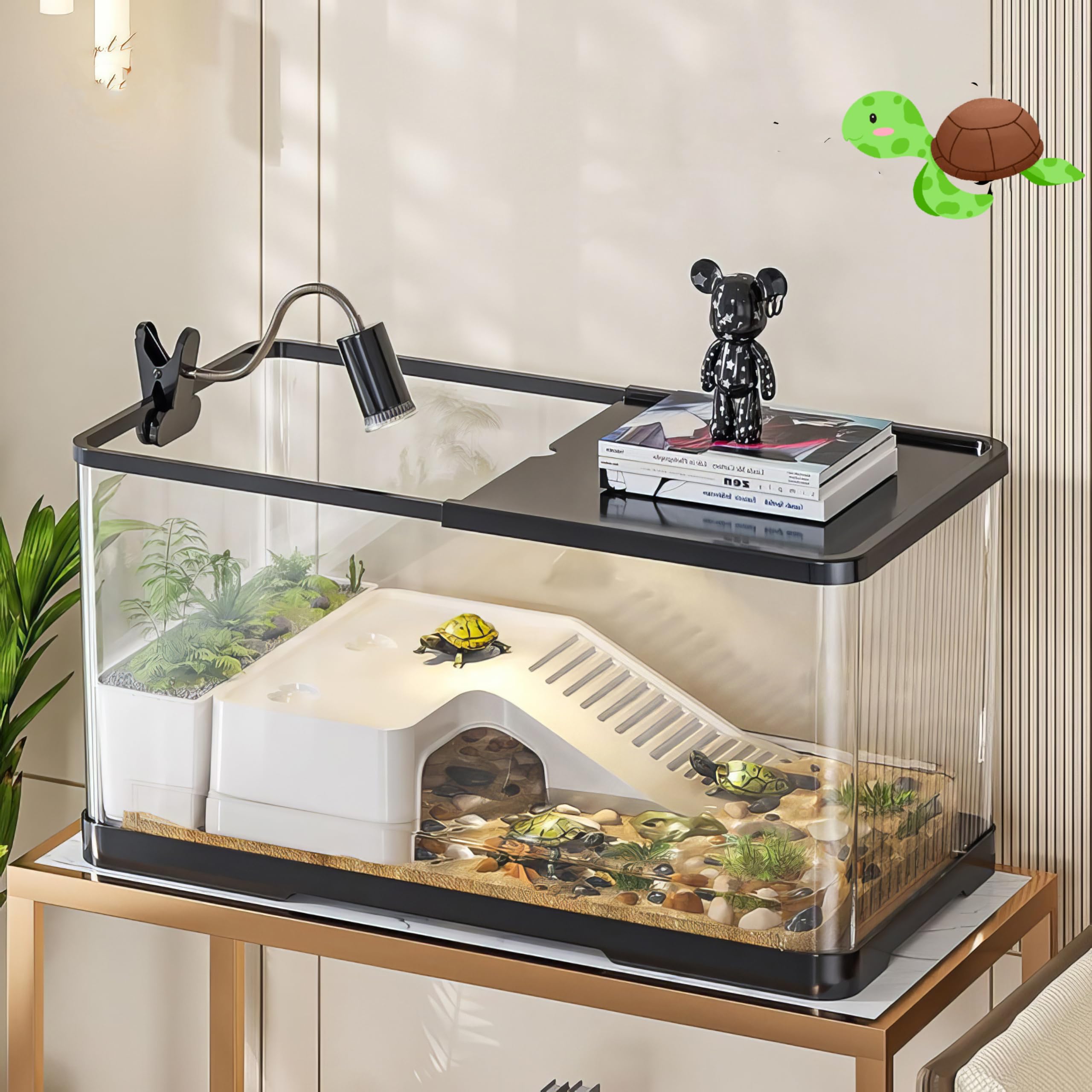 亀 水槽 大きい タートルタンク カメ用水槽 カメ生息地 亀観察飼育用 リクガメ ケージ 水槽セット 亀の水槽 水換え簡単 脱出防止素敵なデザインM（M （W39*D21*H21CM ）