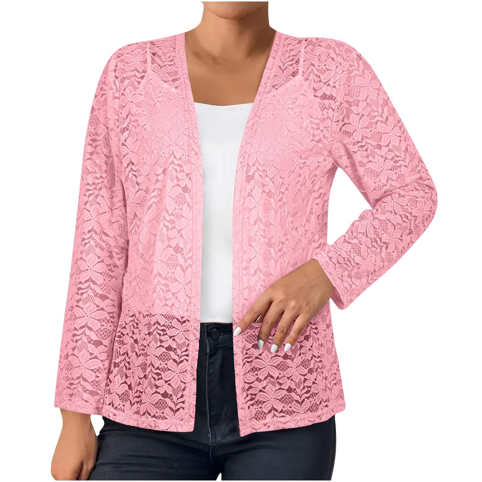 Nzyihao Women's Pink Lace Bolero Open Front Cardigan Long Sleeve Cardigan Elegant Bolero Shrug Plain Top Jacket Transition Jacket Leisure Jacket, Xxl