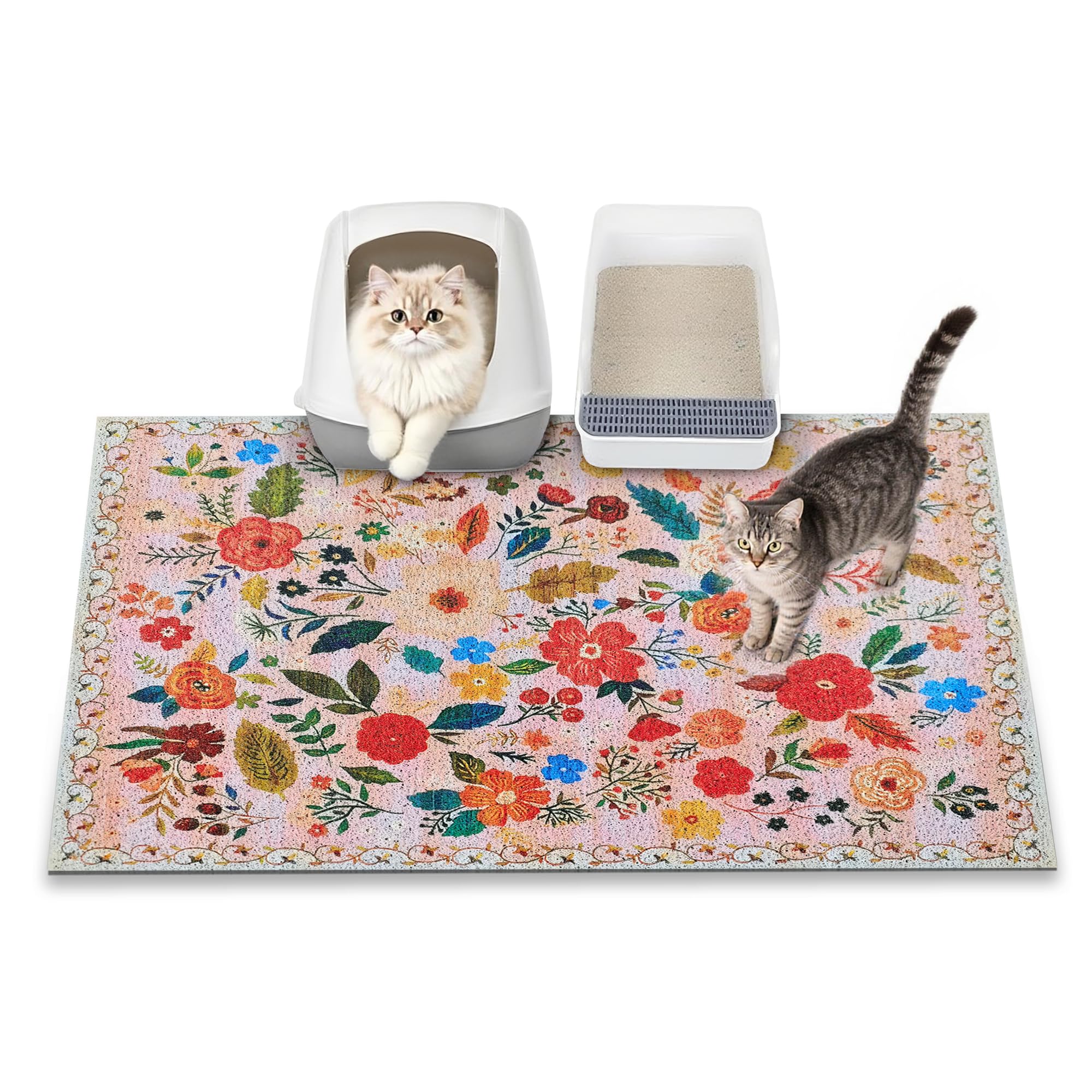 YOSEPATI Cat Litter Mat, 89 x 58cm litter box mat, Upgrade Non-Slip kitty litter mat, Traps 100% Litter, Soft on Kitty Paws, Easy Clean for Scatter Control, Bohe cat food mat, Urine Waterproof