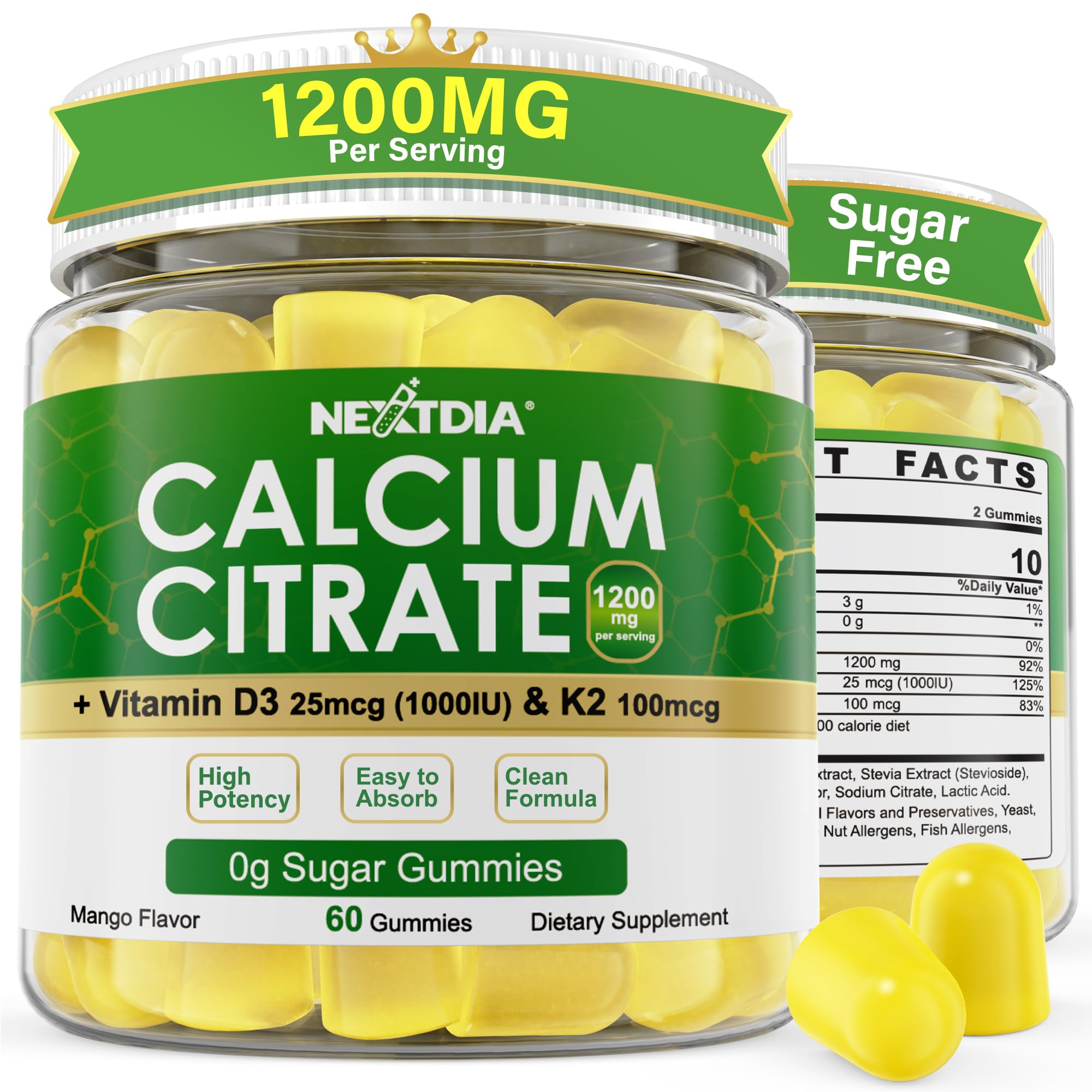 Calcium Citrate Gummies 1200mg with Vitamin D3 K2, Sugar Free, Vegan,120Cts 60 Count (Pack of 2)