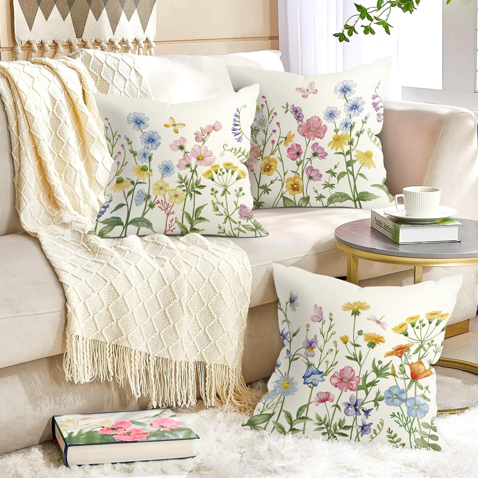 Federe Cuscino 45x45 Primavera Pasqua – Set Da 4 Con Coniglietti, Uova E Fiori