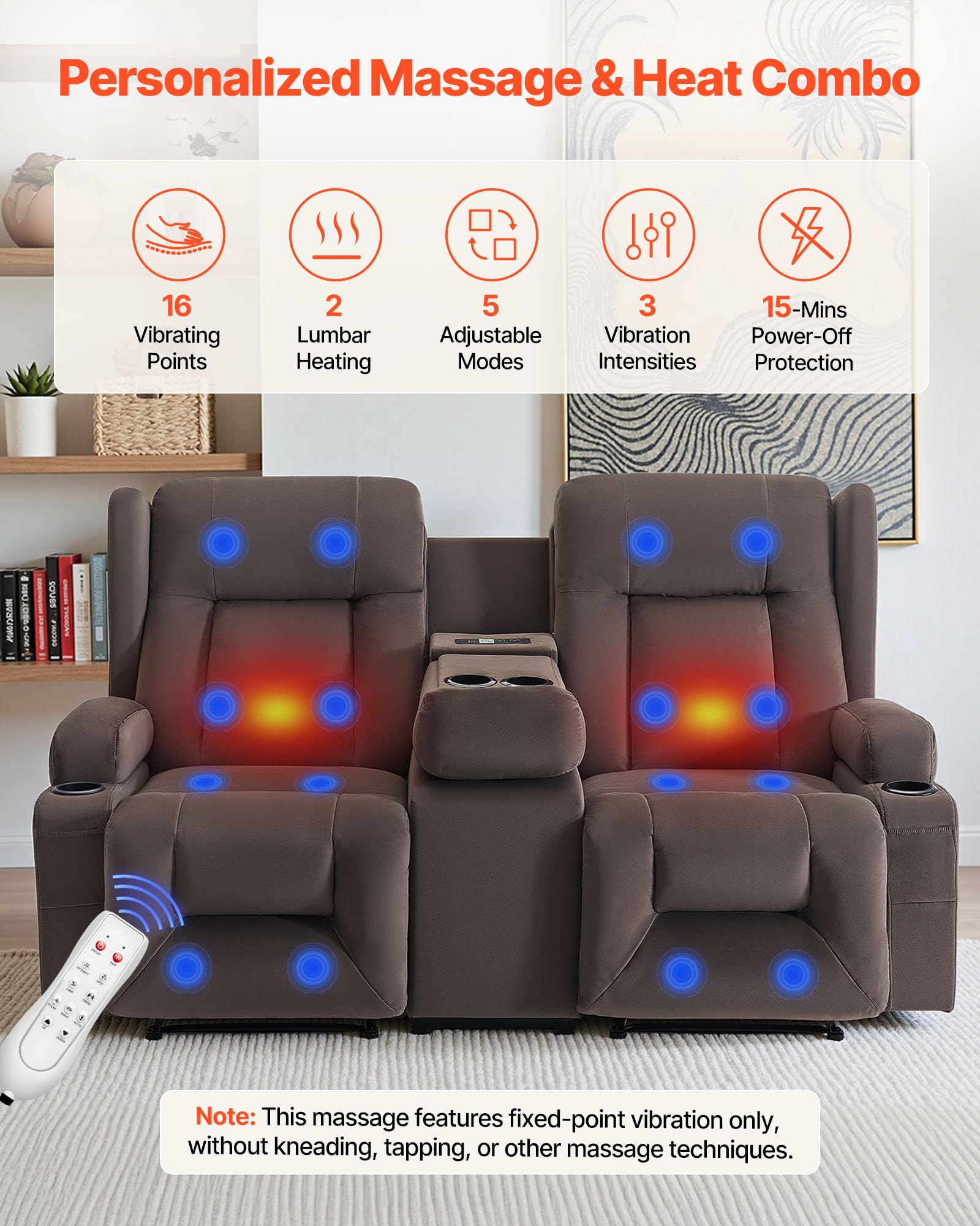 VEVOR Loveseat Relaxsessel elektrische Liegecouch mit Wärmefunktion & Massage, Massagesessel mit zentraler Steuerung & USB-Anschlüssen & Getränkehaltern & Seitentaschen, Sofa für Wohnzimmer Braun