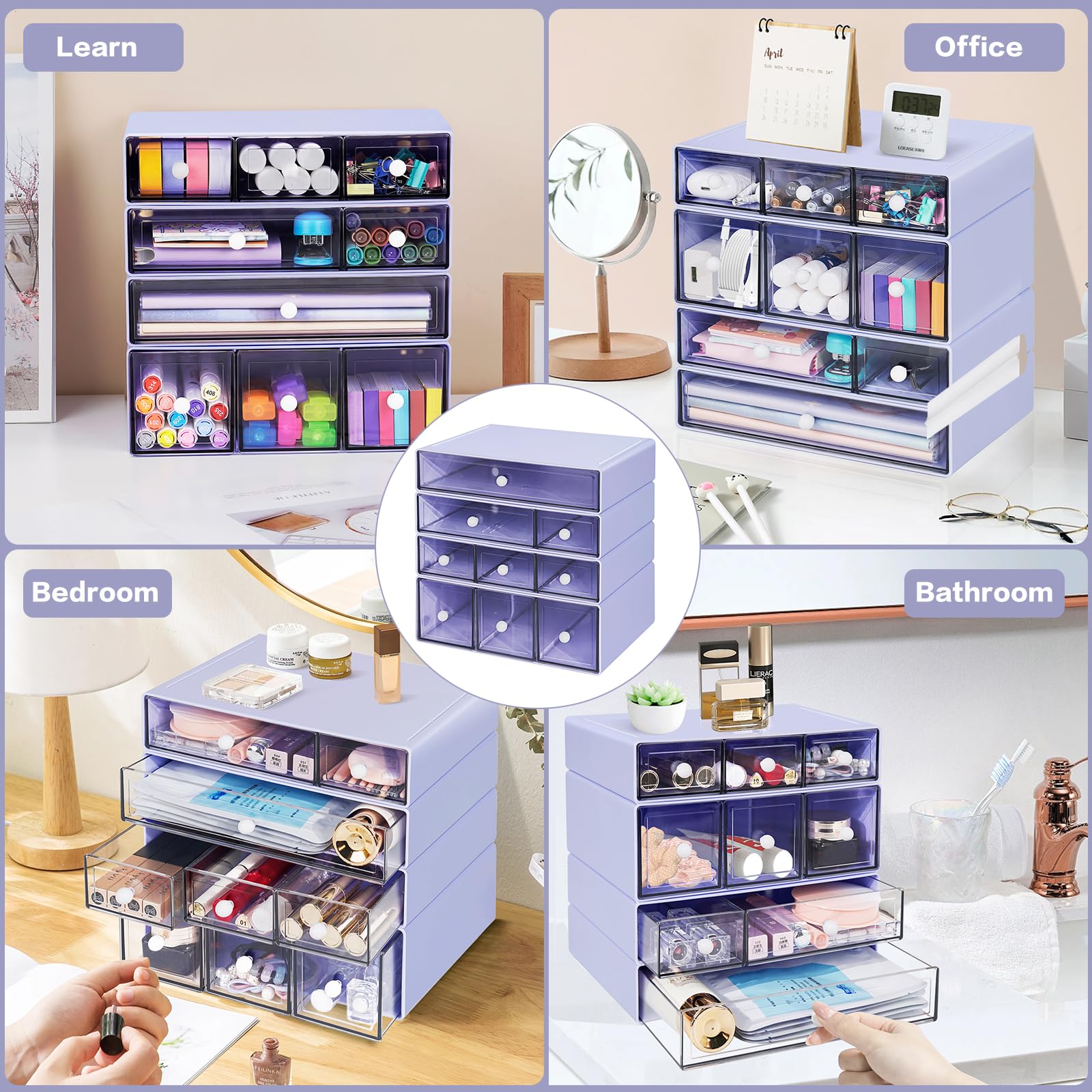 FODIENS - Organizer da scrivania con 9 cassetti, 4 ripiani, impilabili, per oggetti di cancelleria, trucchi, gioielli, ufficio, artigianato, colore: viola