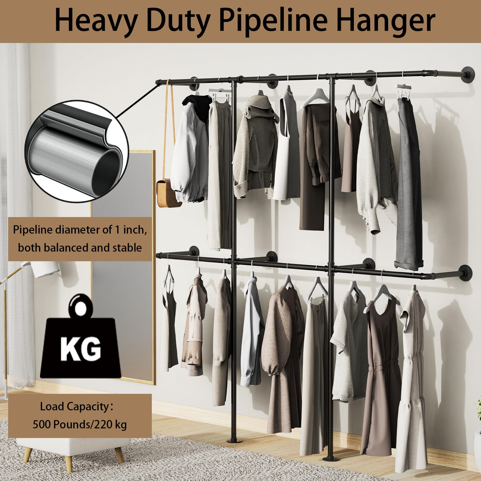 Barra Appendiabiti Industriale Oro 180kg Appendiabiti Da Muro Industriale - Capacità 180 Kg, Tubi In Metallo Dorato Armadio Aperto Metallo - Foto 7