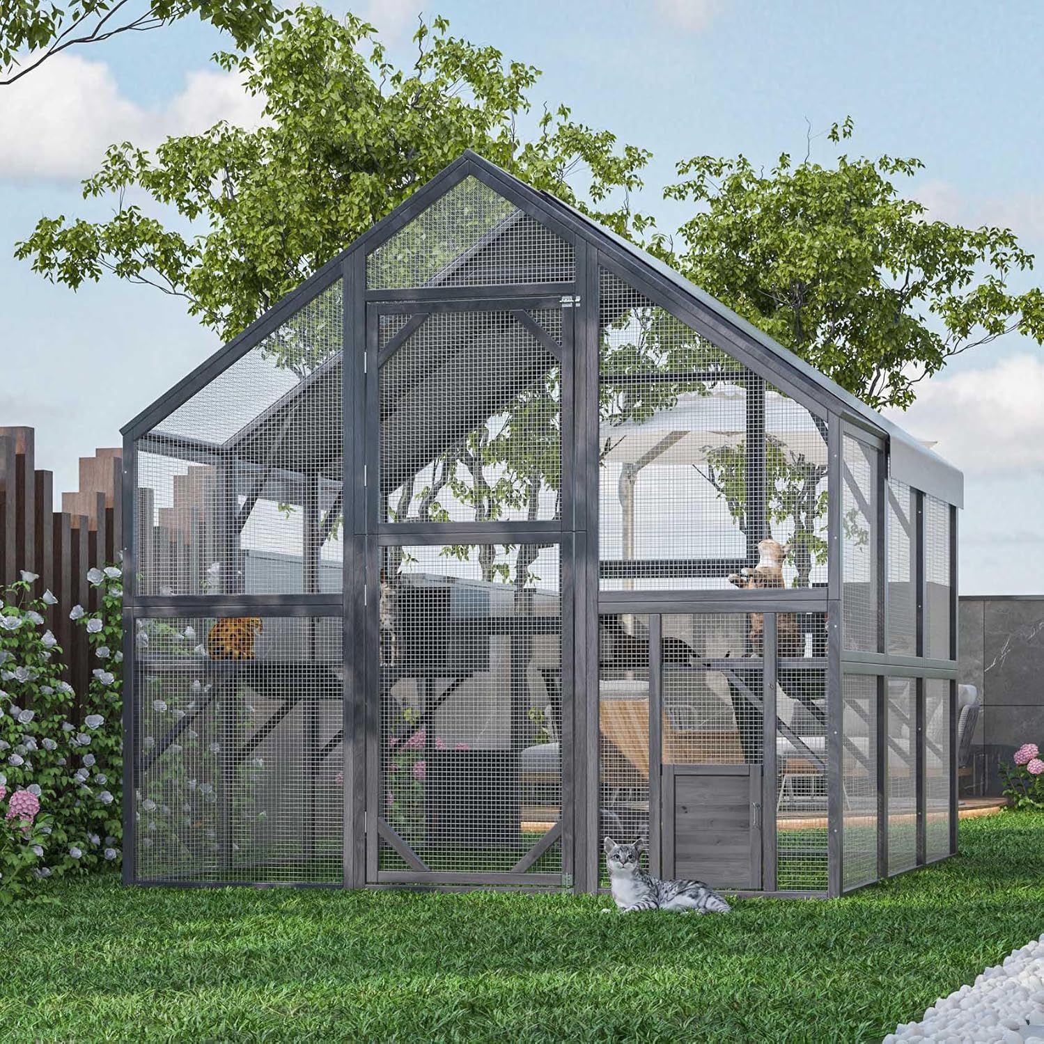 Lovinouse 43ft² Large Outdoor Cat House Catio, Luxury Wooden Cat Run Enclosure Walk in Kitten Condo with 2 Doors, 2 Playpen & Hiding Houses, Bridges, Walks, Roof Cover,GreyThe Forest Stewardship Council