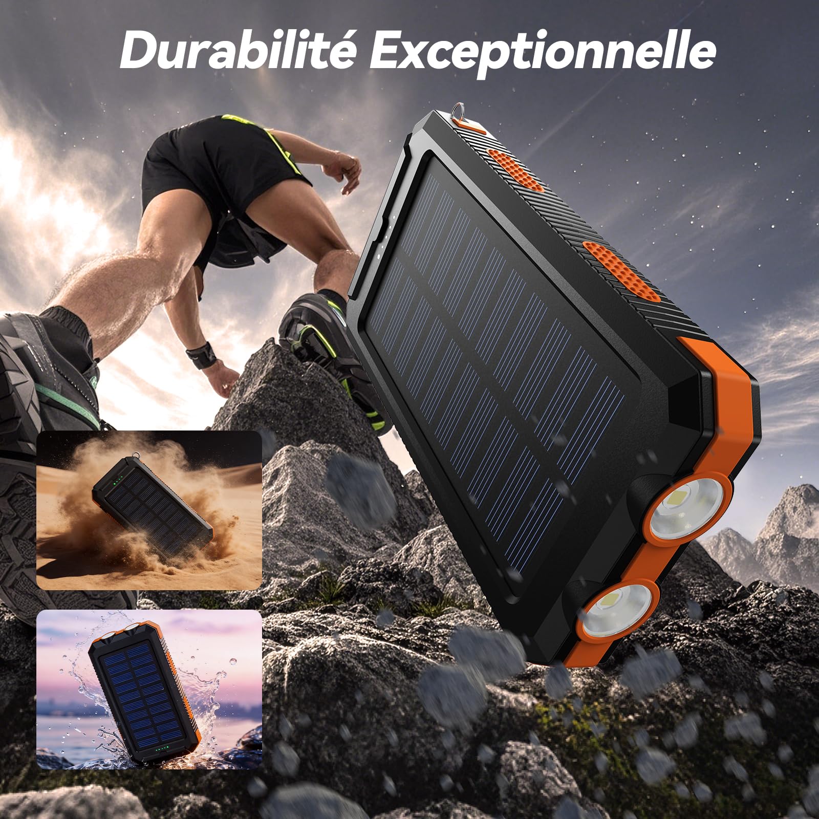 Vikeri Chargeur Solaire 26800 mAh, Batterie Externe Solaire Etanche, Port USB-C pour Une Charge Rapide, Batterie Solaire avec 4 Prises, pour Smartphones, Tablettes, etc. (Orange)