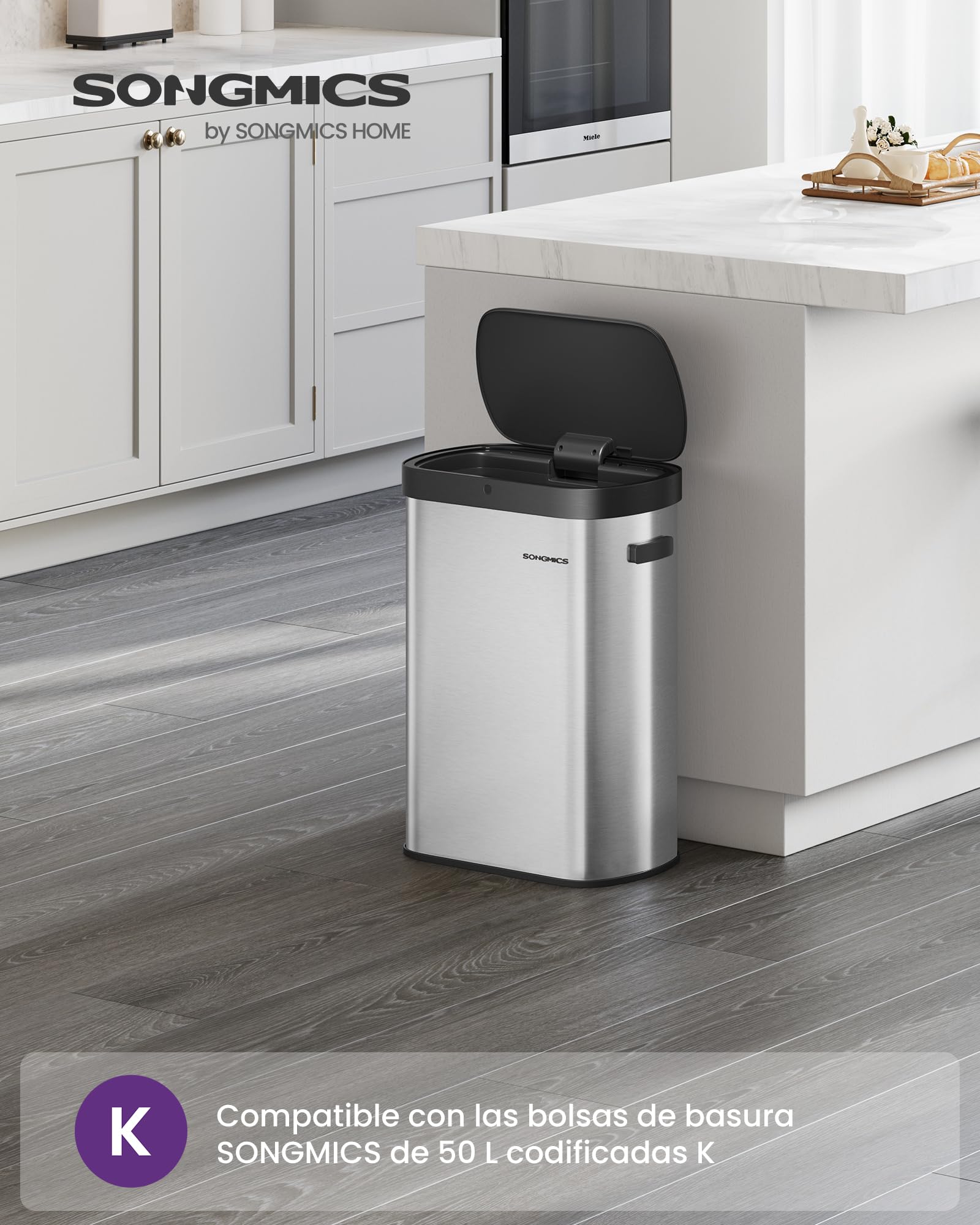 SONGMICS Cubo de Basura de Cocina con Sensor de Movimiento, Papelera Automática de 50 L, Tapa de Cierre Suave, Acero, Incluye 15 Bolsas, Plata Metálica y Negro Tinta LTB640E01