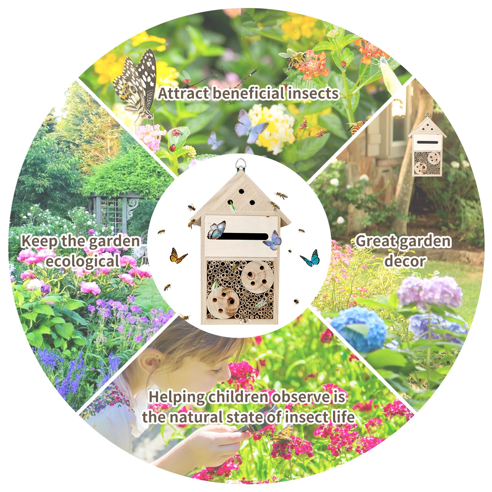Insektenhaus aus natürlichem Holz, wetterfest, Insektenhotel für Gärten, Marienkäfer, Florfliegen, Schmetterling, Mauerbienen, Einzelgänger, Laubschneider und viele andere nützliche