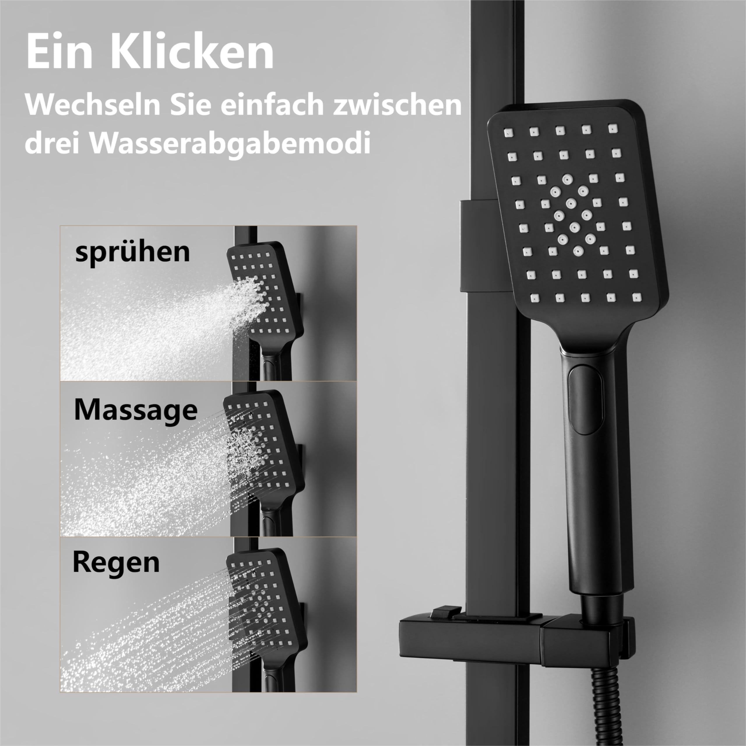 YOOZENA Duscharmatur Komplettset, Duschsystem mit Thermostat, Duscharmatur Schwarz,Kopfbrause, Duschkopf mit Schlauch und Halterung, Regendusche mit armatur Schwarz