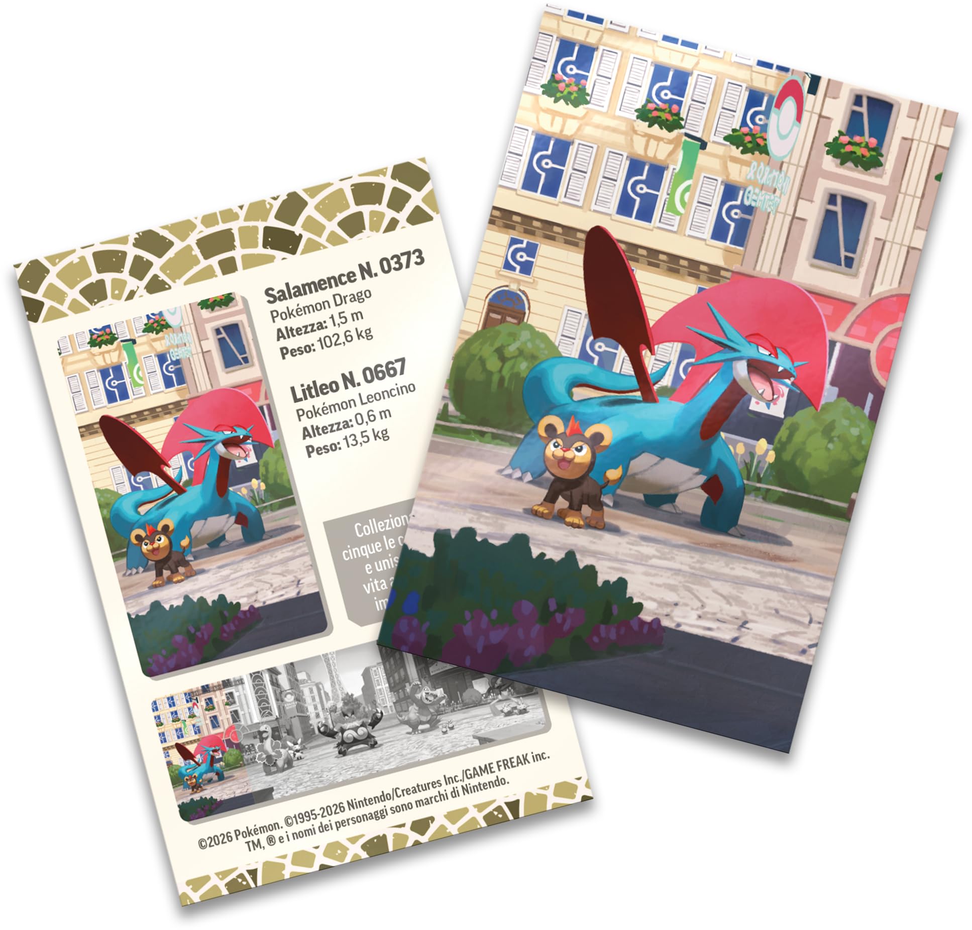 Pokémon: miniscatola da collezione Luminopoli (Salamence e Litleo) del GCC Pokémon (2 buste di espansione, 1 carta con l’illustrazione Pokémon della miniscatola e 1 foglio di adesivi), Ed. Italiano