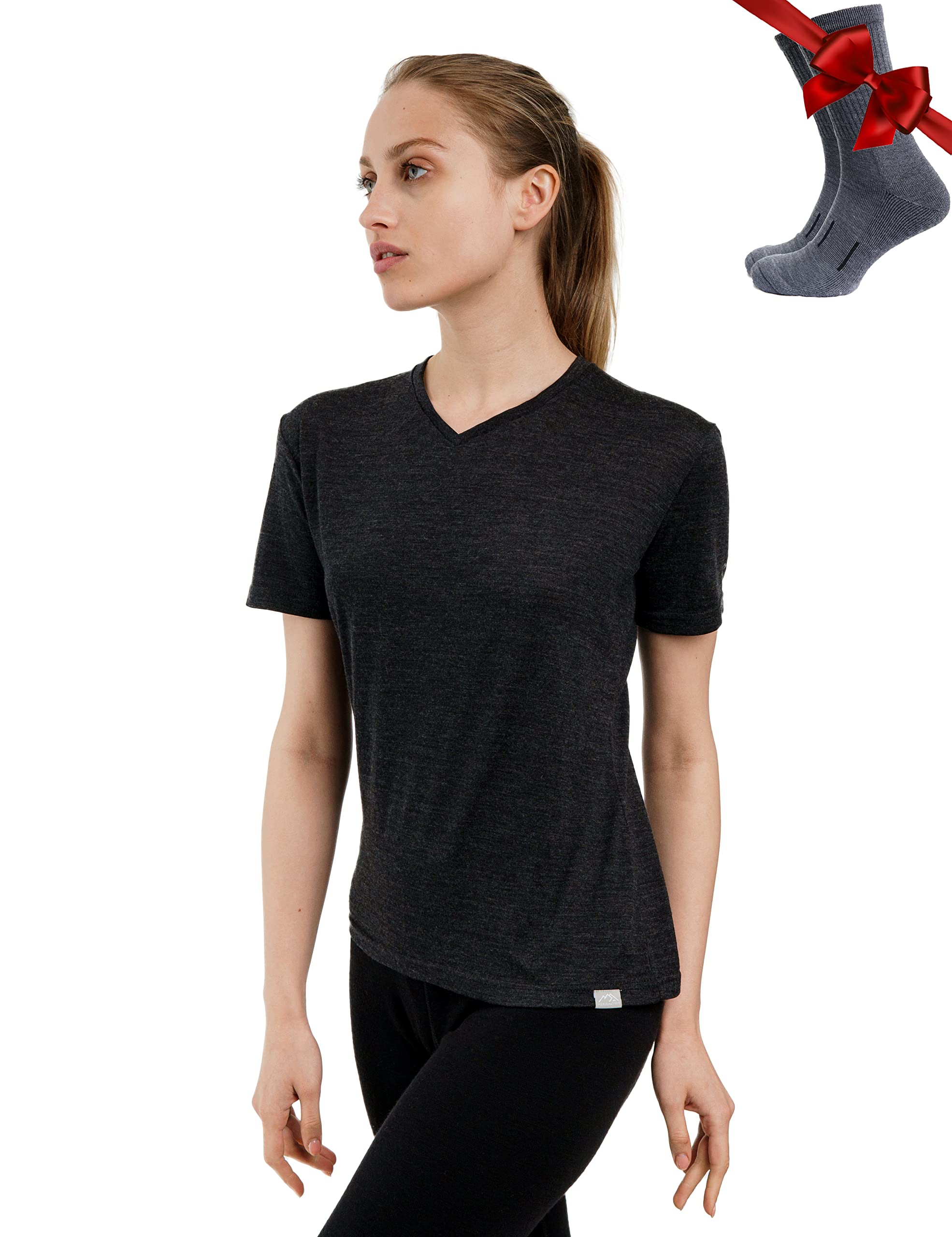 Merino.tech T-Shirt en mérinos pour Femme + Chaussettes de randonnée gratuites – Léger, Respirant и Anti-Odeur (Large, Heathered Black V-Neck)