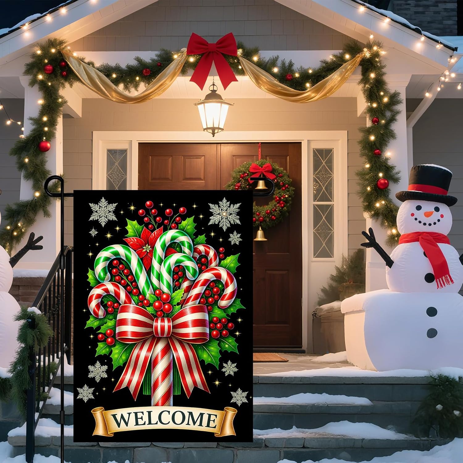 IVN Christmas Candy Cane Garden Flag 12x18 Inch Double Sided Red and Green Christmas Bow with Pine Cones and Welcome Text Outdoor Yard Flag for Outside Home Front Door Lawn Porch Patio Welcome Decor - Image 2