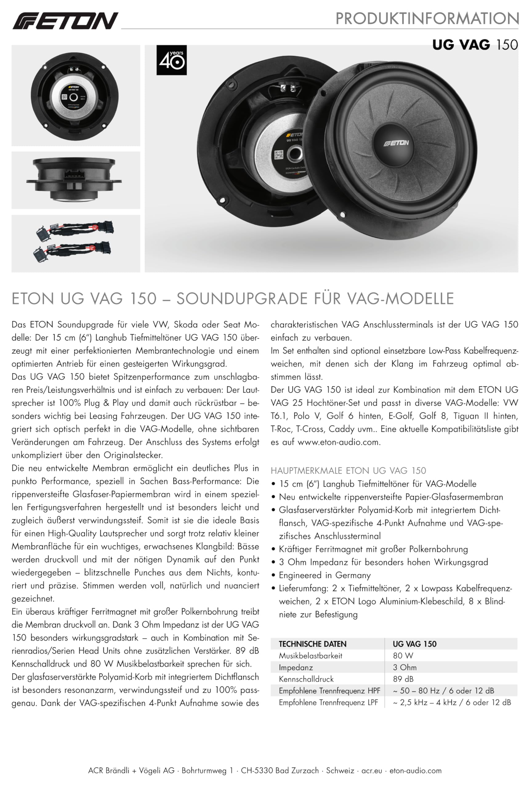 ETON UG VAG 150 – mocny głośnik niskotonowy 15 cm / 6 cali, kompatybilny z różnymi samochodami VW, Skoda, Seat, Plug & Play, długi skok samochodowy, 1 para