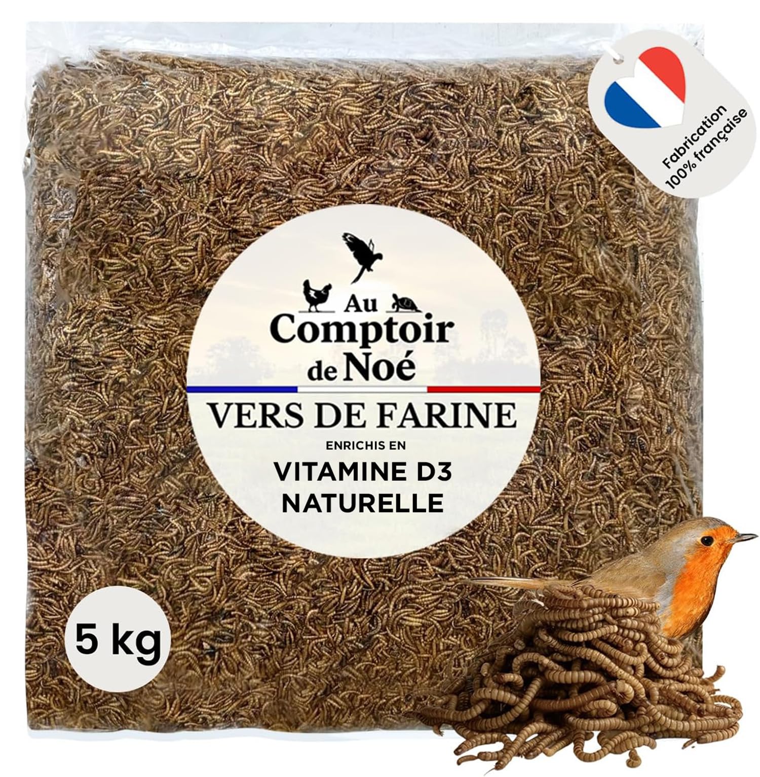 vers de Farine Séchés Français, 5kg (32,5L), 100% Naturel, Enrichis en Vitamines D3, Insectes Riches en Protéines et Bonnes Graisses, Nourriture Oiseaux Sauvages, vers de Farine Au Comptoir de Noé