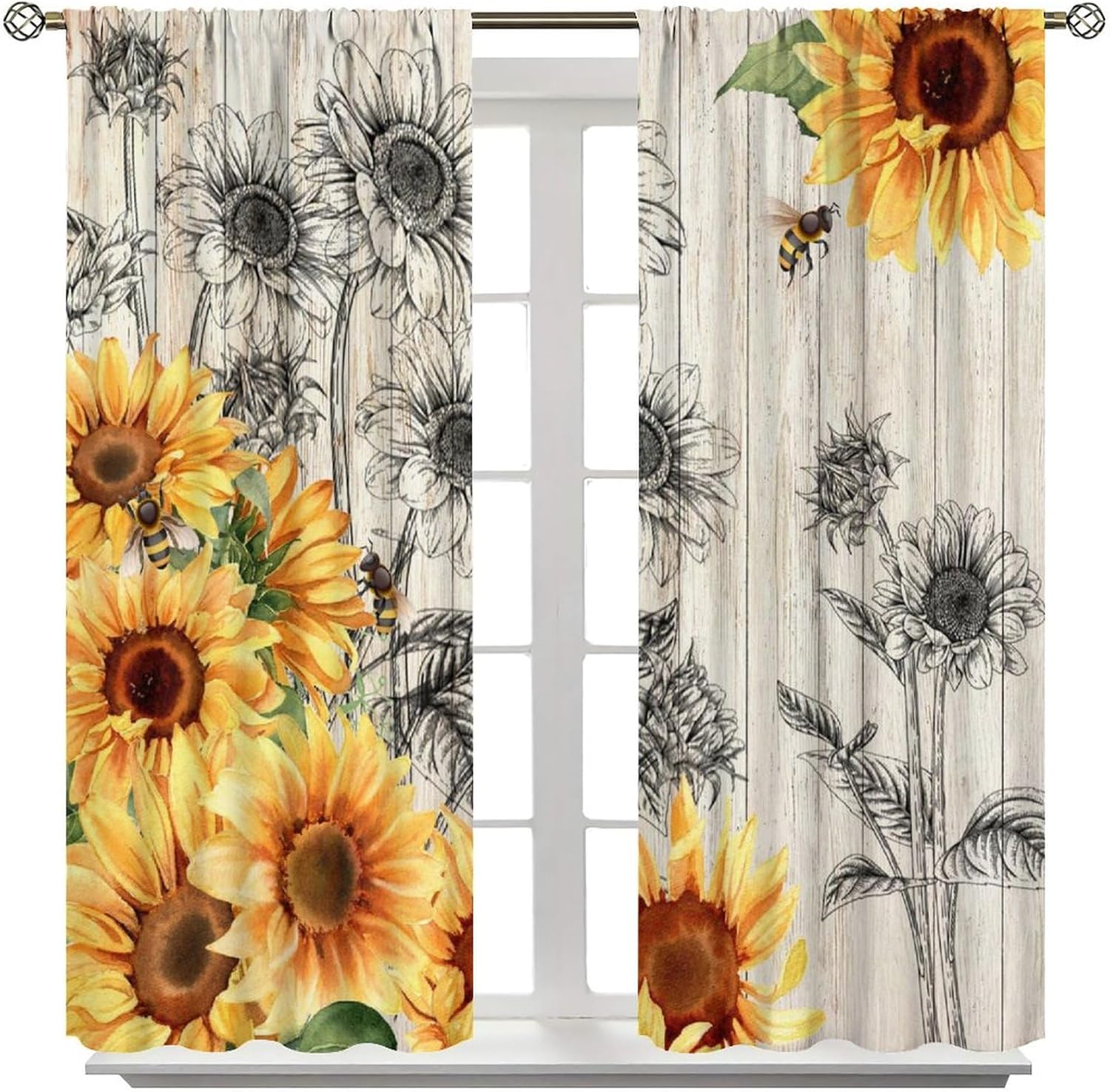 Sunflower Curtains Country Farmhouse Vintage Floral Bees Wooden Board Art Printed Blackout Window Drapes for Bedroom Kitchen Decor Fabric Set 2 Panel 42x45 Inch 80% Shading Rate
