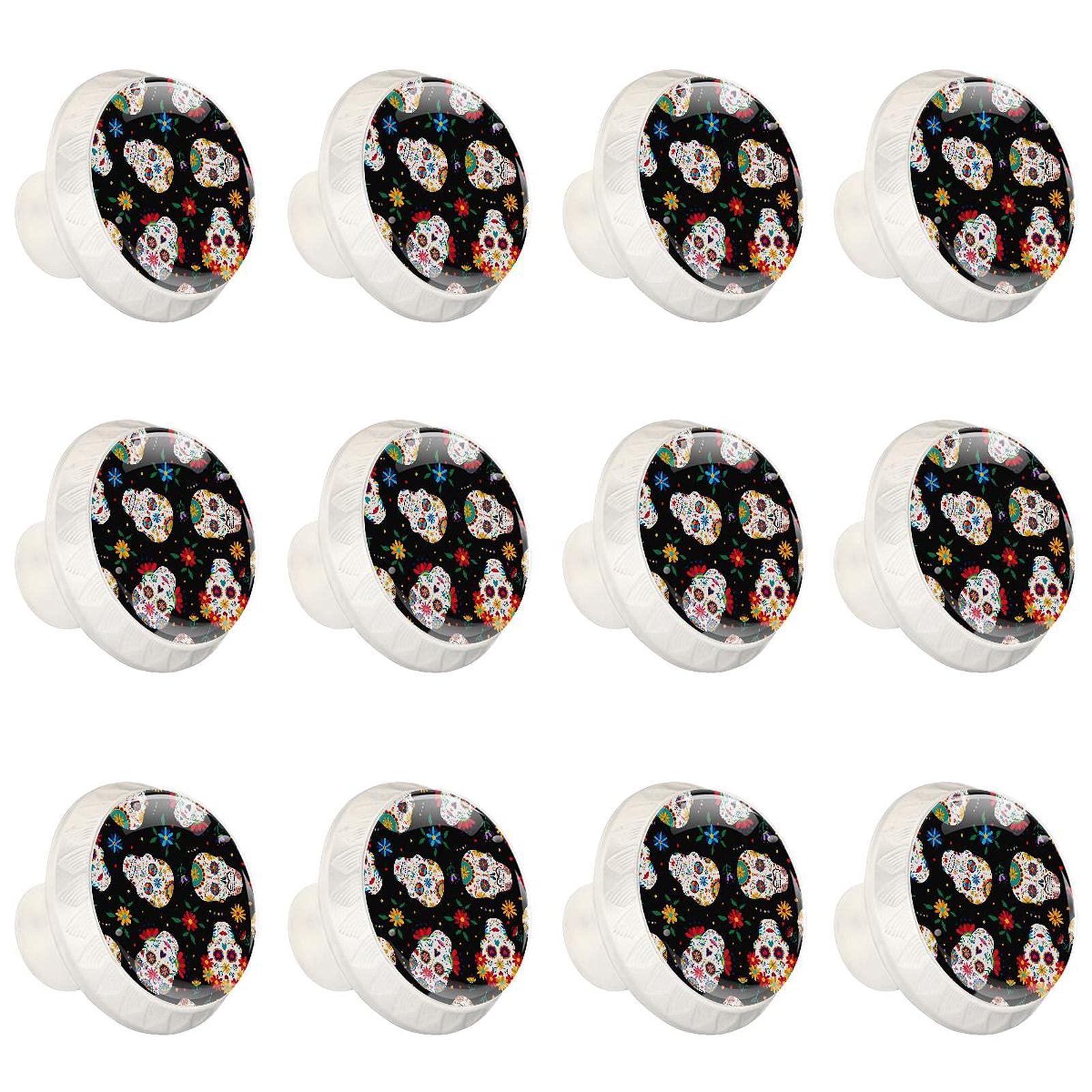 Boutons d'armoires de cuisine au design artistique raffiné - 12 pièces décoratives crâne fleur