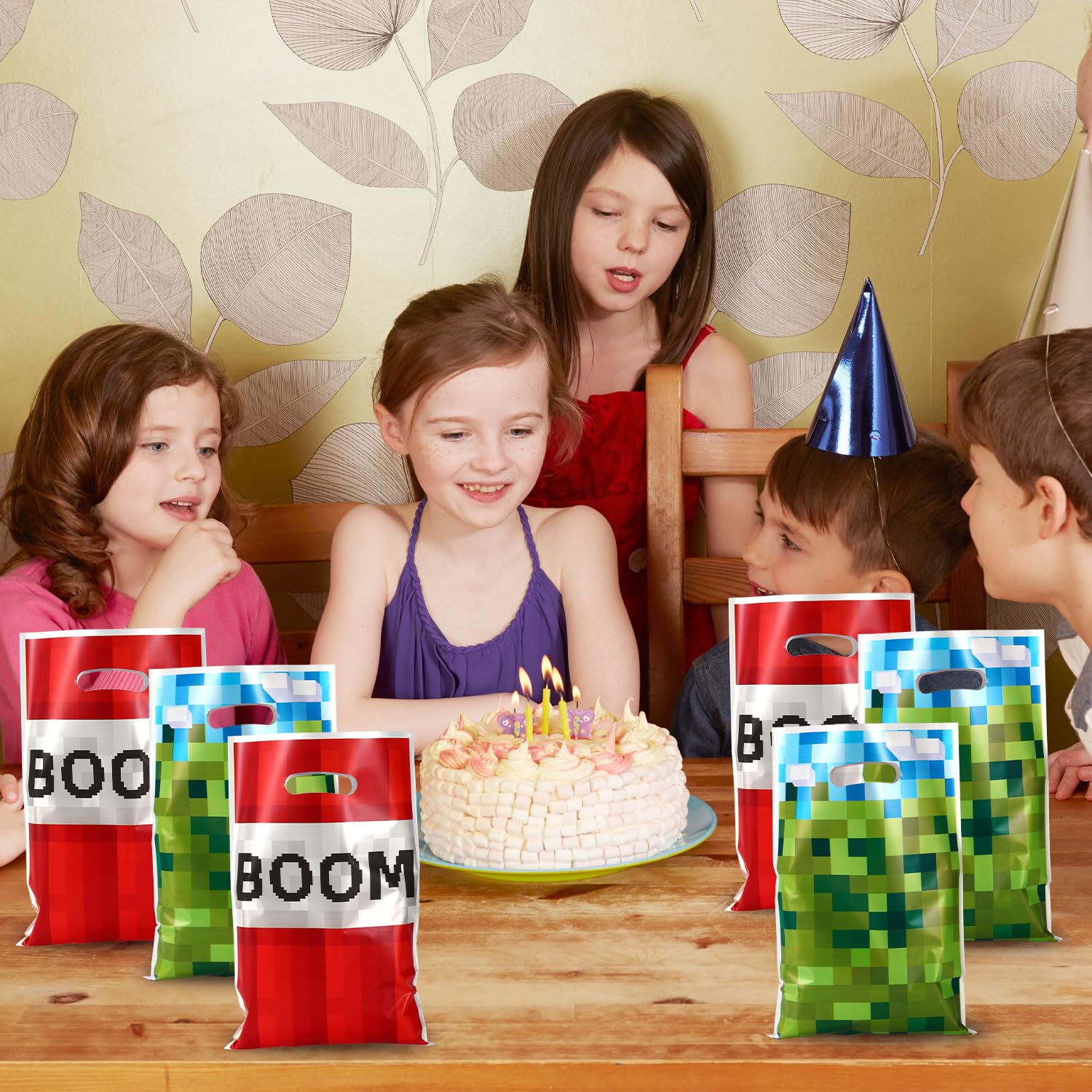 50pcs Party Favor Bags, Pixel Video Game Theme Gift Treat Bags Boom Plastic Candy Snack Bag with Handles for Kids Boys Girls Gamers Birthday Party Supplies (Blue, Green, Red)