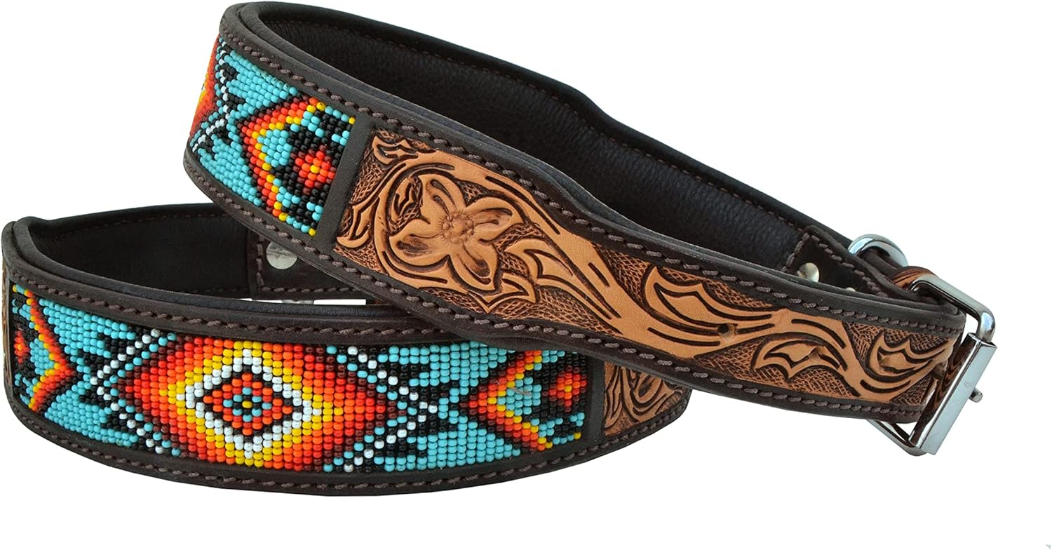 Affilare Beaded Leather Dog Collar – Western Style, Heavy-Duty, Adjustable, and Padded for All Ages – Premium Tooled Leather SKU 10AB004-XS