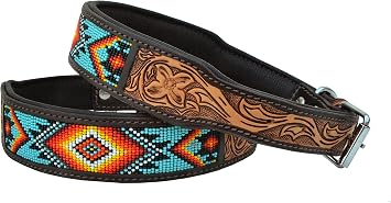 Affilare Beaded Leather Dog Collar Western Style, Heavy-Duty, Adjustable, and Padded for All Ages Premium Tooled Leather SKU 10AB004-XS