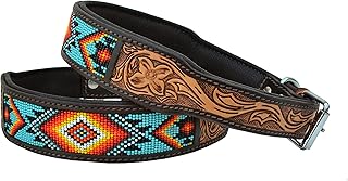 Affilare Leather Dog Collar Western Style Heavy Duty Hand Tooled Adjustable Beaded and Padded Soft for Puppies and Big Dogs 10AB004, Teal Orange Black Yellow, Small (Middle Notch at 15')