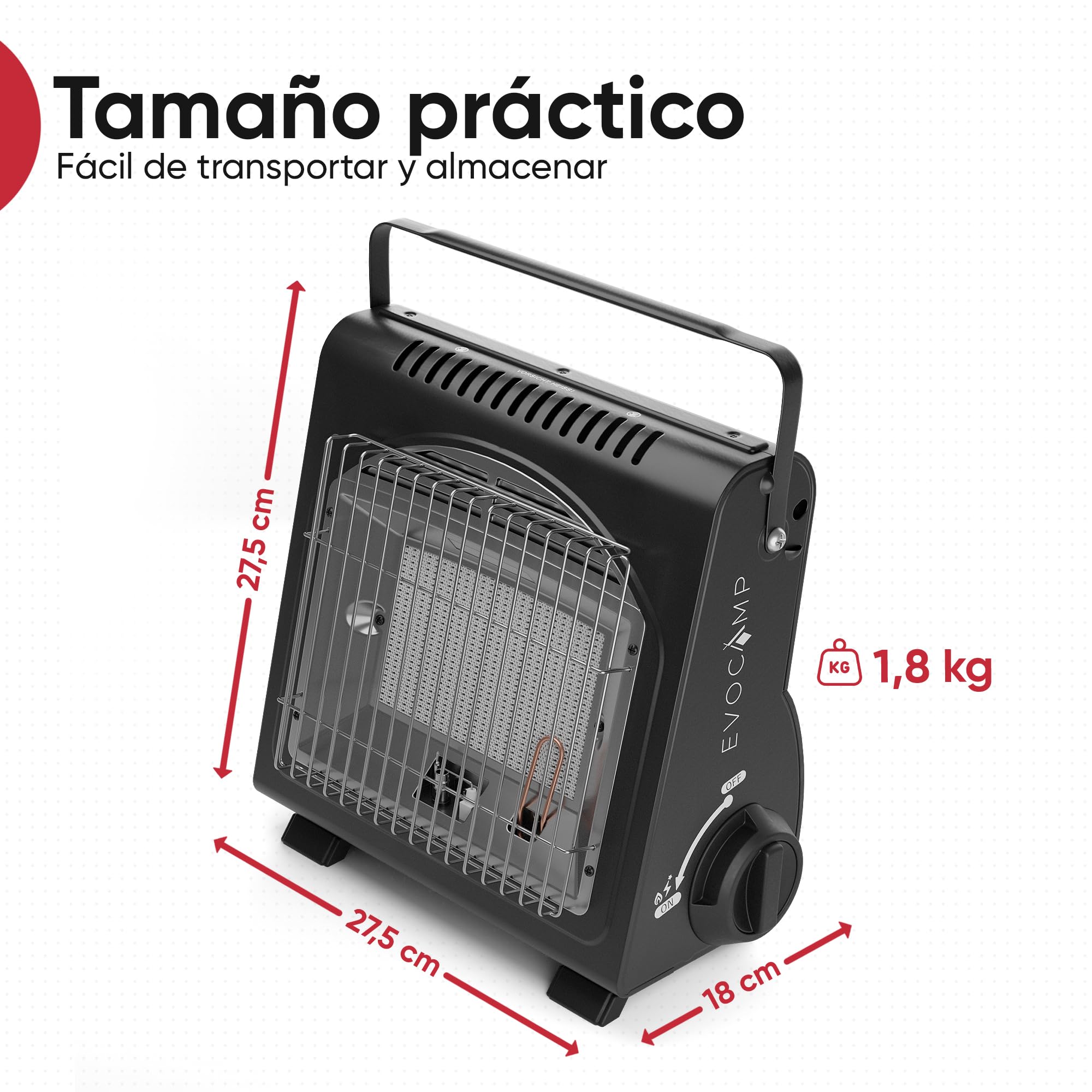EVOCAMP mini calefactor de gas butano, calefactor portátil para camping de 1,7 kW, calefacción de gas de cerámica para uso en exteriores con sensor de agotamiento de oxígeno (ODS)