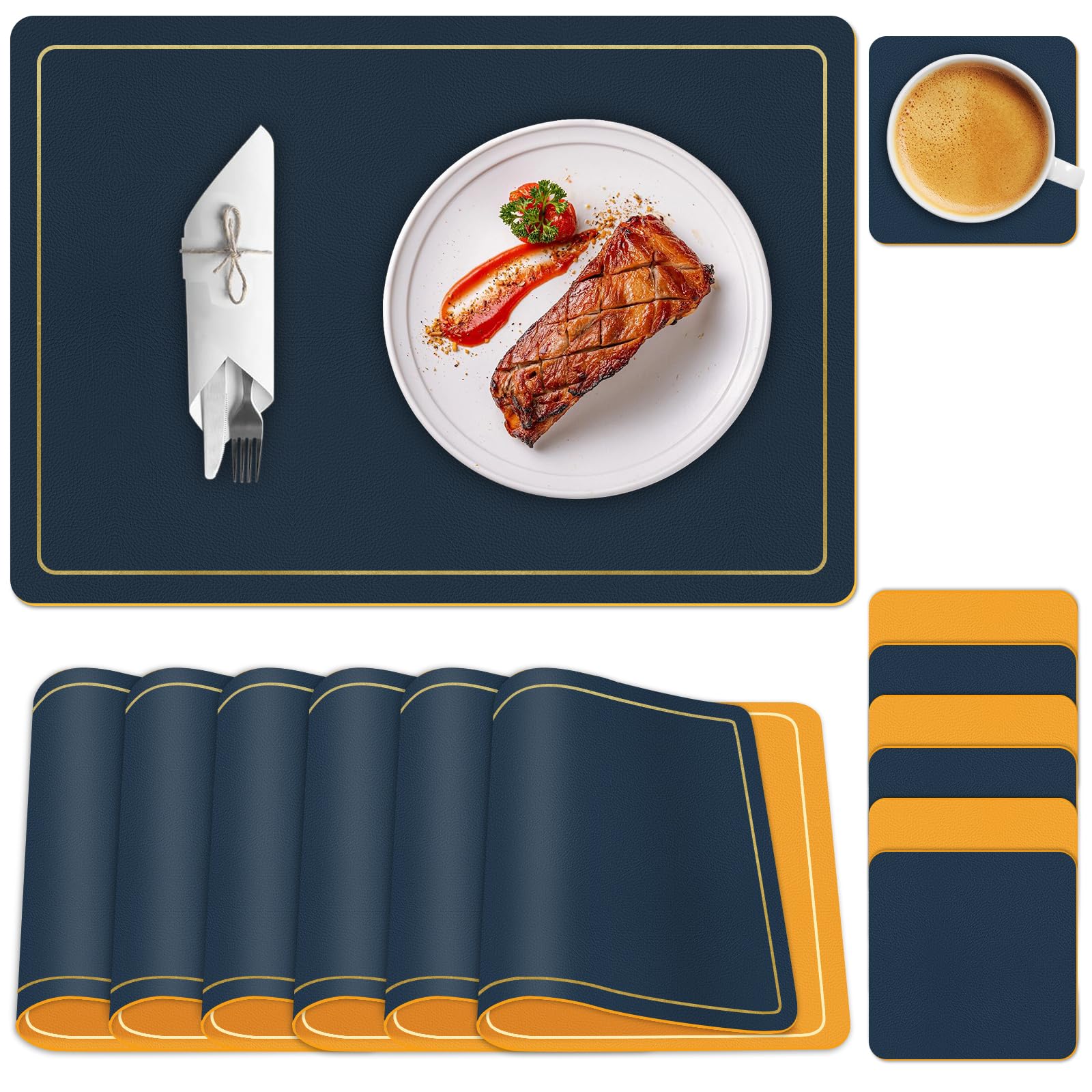 Table Mats Set of 6, PU Leather Non-Slip Washable Wipeable Placemats and Coaster Sets 6, Large Dual-Sided Heat-Resistant Rollable Place Mats Easy to Clean for Children, 43*30cm, Navy Blue and Yellow