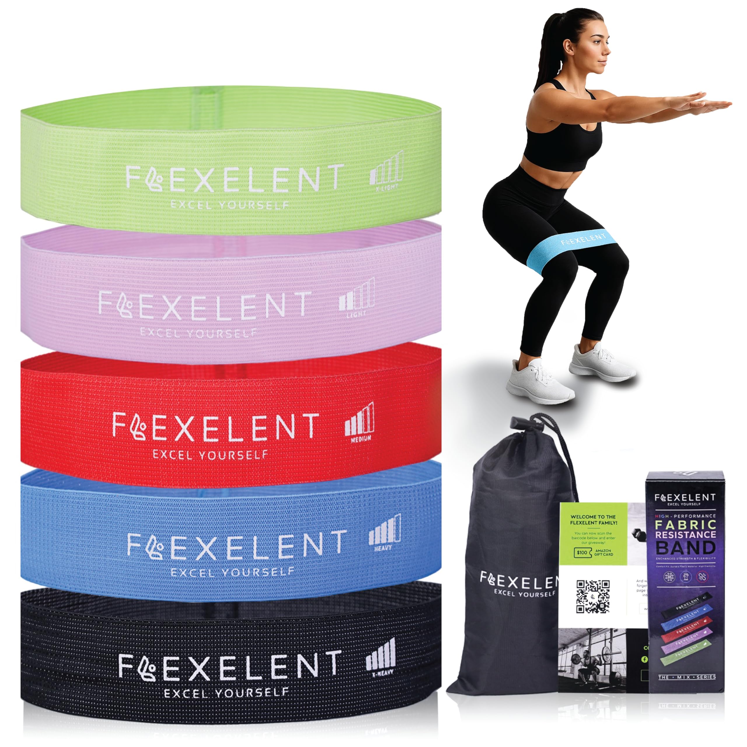 Flexelent 5 Level Fabric Resistance Bands for Working Out - Skin Friendly & Non Slip Fabric Exercise Bands Resistance for Legs, Glutes and Strength Training with Storage Bag - Multi Color — image 1