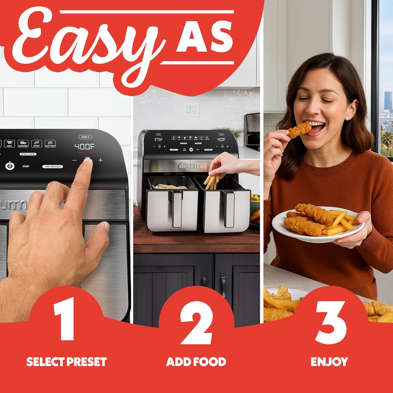 Gourmia Dual Basket Air Fryer - 10 Qt Large Capacity, FryForce360º, Digital Display with 7 Presets, Roast, Bake, Broil, Dehydrate, Match Cook, Sync Finish, Dishwasher Safe Accessories, Black - Image 10