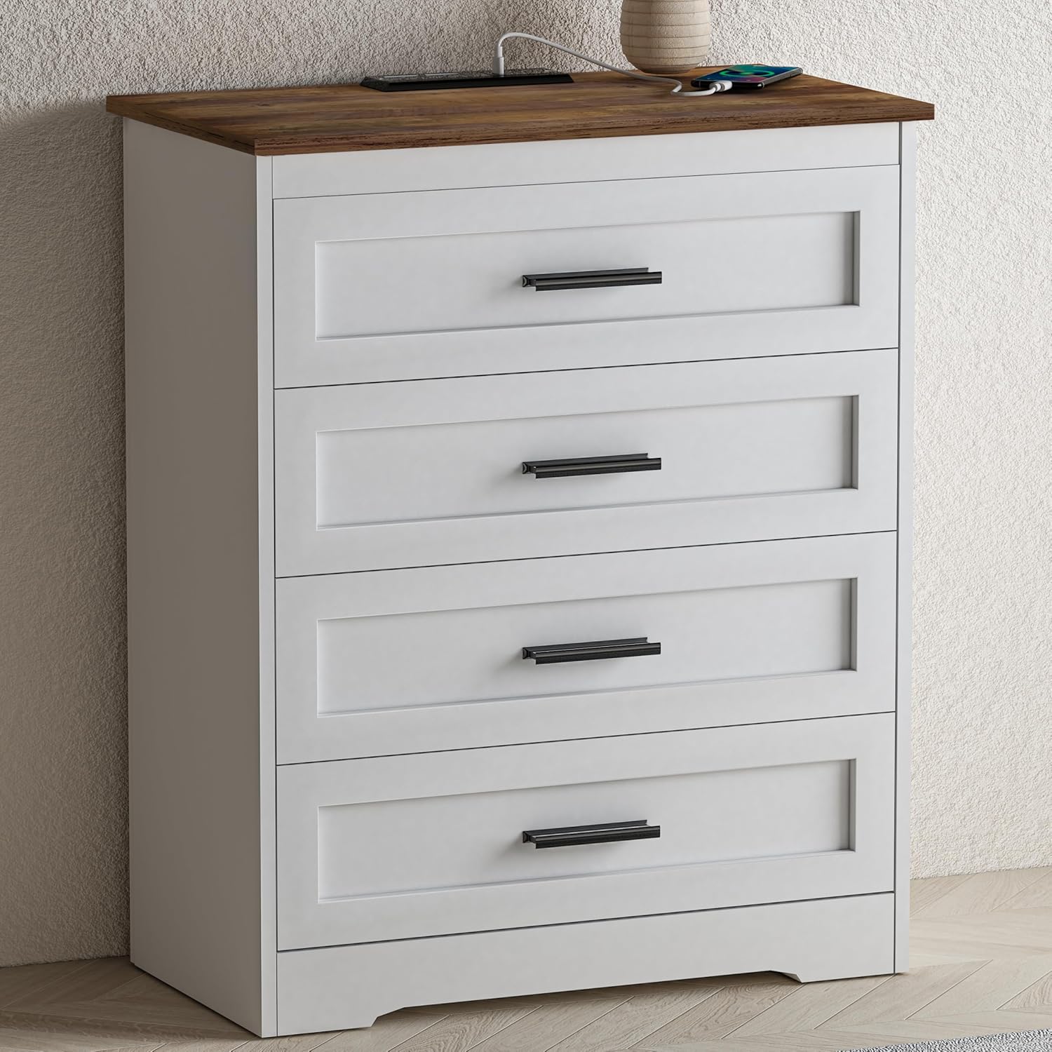 GEPELCN Farmhouse 4 Drawers Dresser for Bedroom Rustic Chest of Drawers with Natural Texture White Drawers Organizer for Living Room Hallway