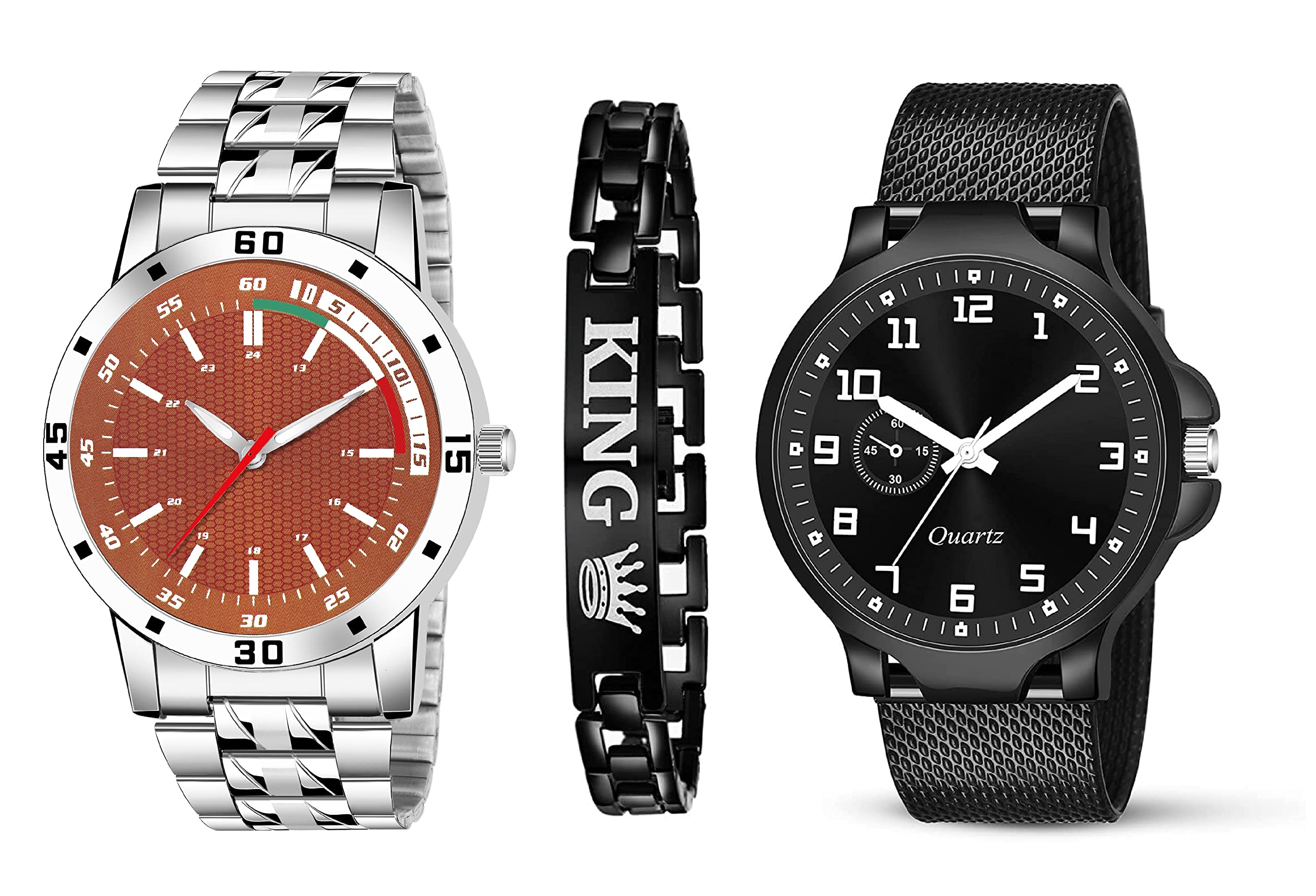 Xaliconi Analogue Stainless Steel Multicolour Dial with King Bracelet, Stainless Steel and Pu Belt Watch for Boys and Man | Stylish Gift for Birthday (Pack of 2) (Orange-Black) (B0BFQGMG9N) Amazon Price History, Amazon Price Tracker