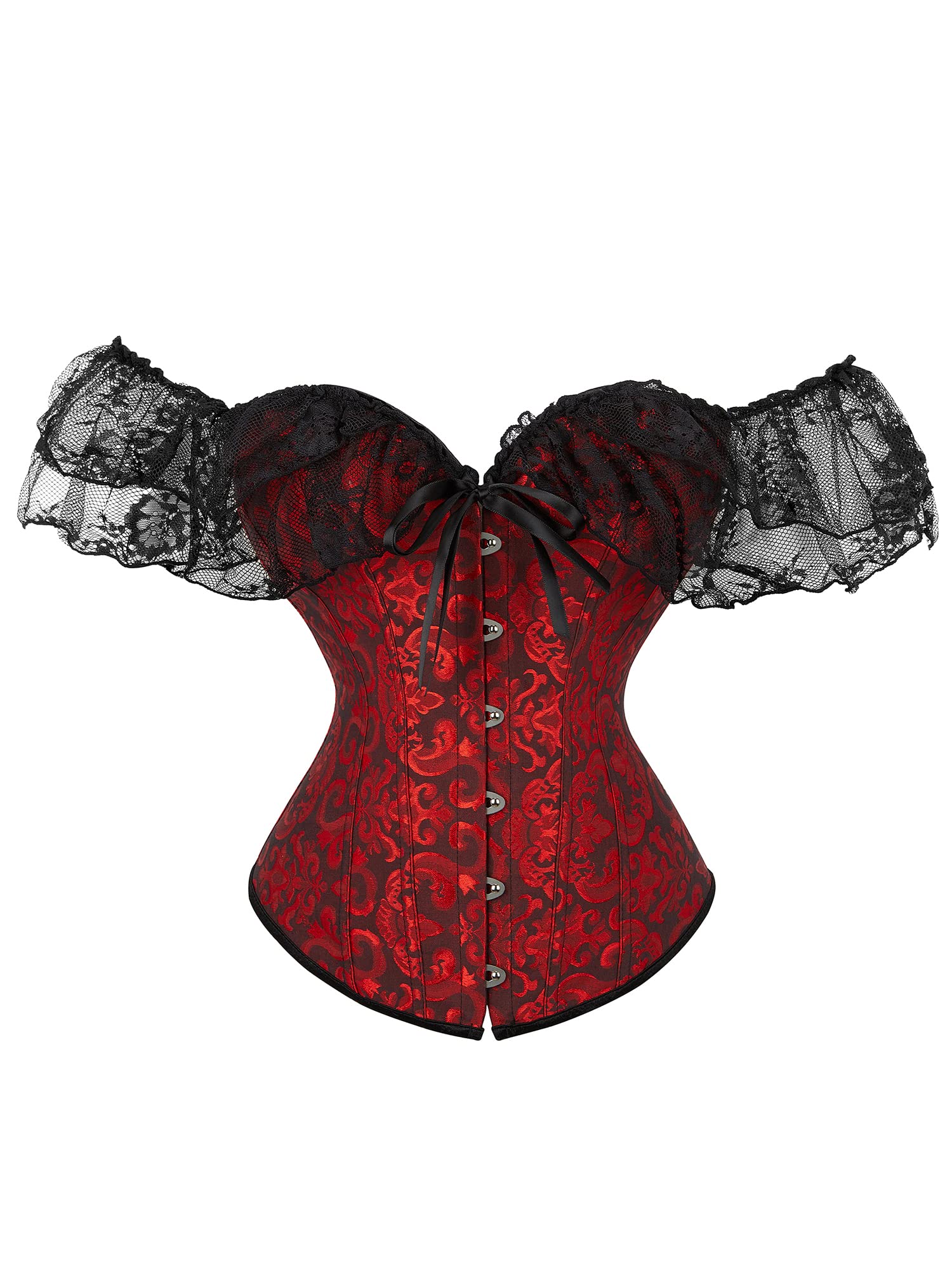 Acrawnni Women's Floral Lace Corset Off Shoulder Bustier Waist Shaping Slim Fishbone Overbust Corset Lace Up Bodyshaper Lingerie Top (A-Dark Red, L)
