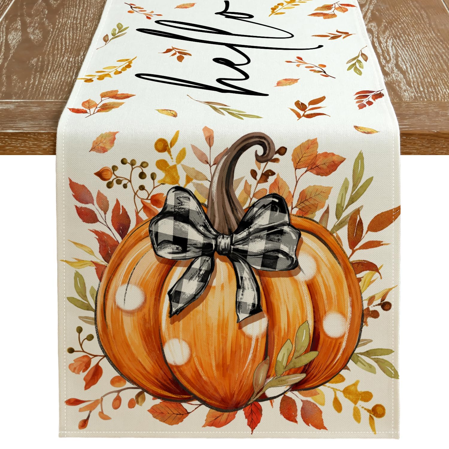 Chemin De Table D'Automne 183 X 33 Cm - Motif Citrouilles Et Feuilles D'Érable, Lavable