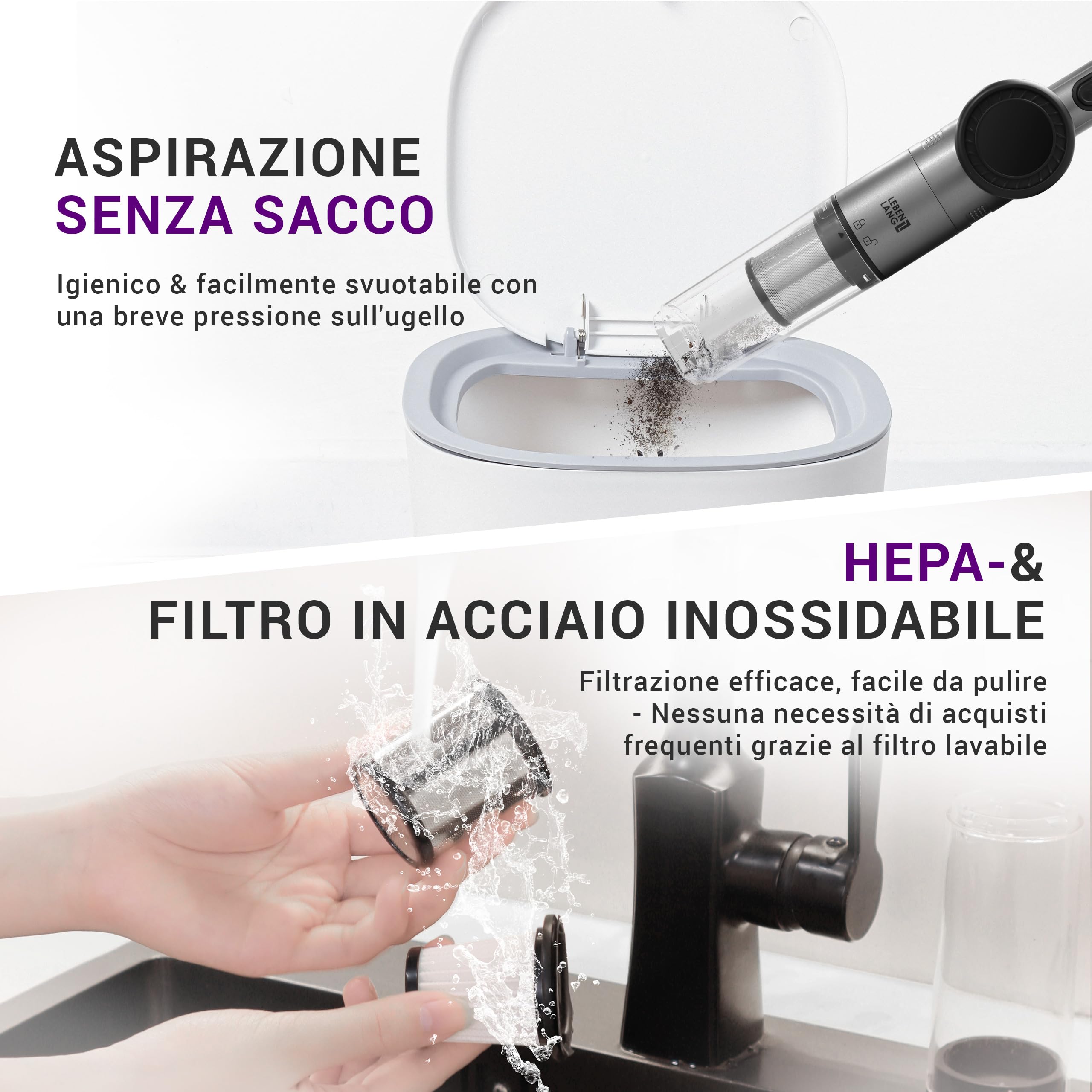 LEBENLANG Aspirabriciole Senza Fili Potente 17000PA - Incl. Supporto | Incl. Potente Batteria & Con Funzione Di Ricarica & HEPA Filtro I Aspirapolvere Auto Portatile Mini Aspira Briciole Elettrico