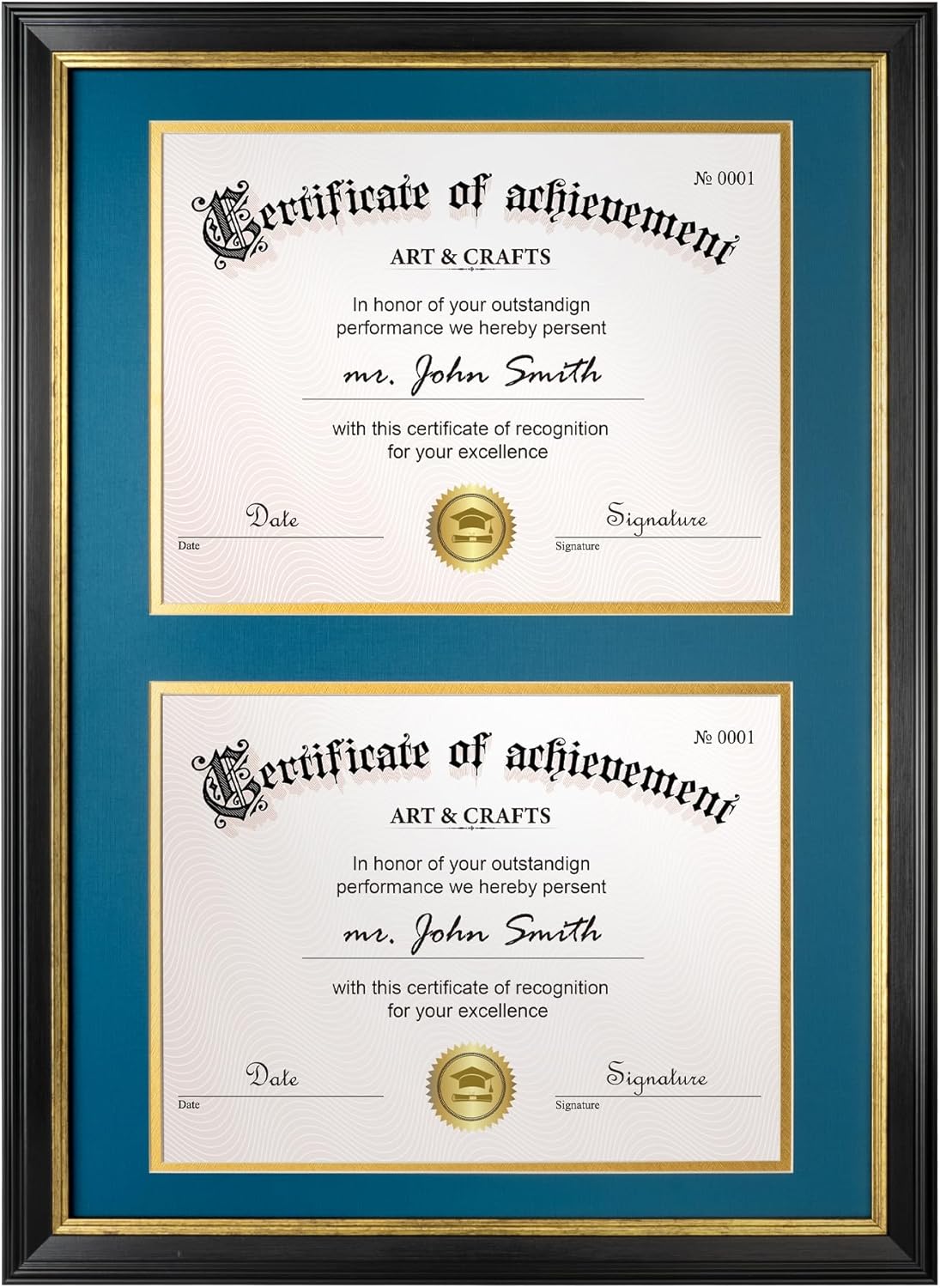 Yaetm Double Diploma Frame 14x20 with Mat for Two 8.5x11 Certificates/Degrees, Shatter-Resistant Real Glass, Acid-Free Navy and Gold Mats, Black with Gold Rim Dual Diploma Frame for Graduation