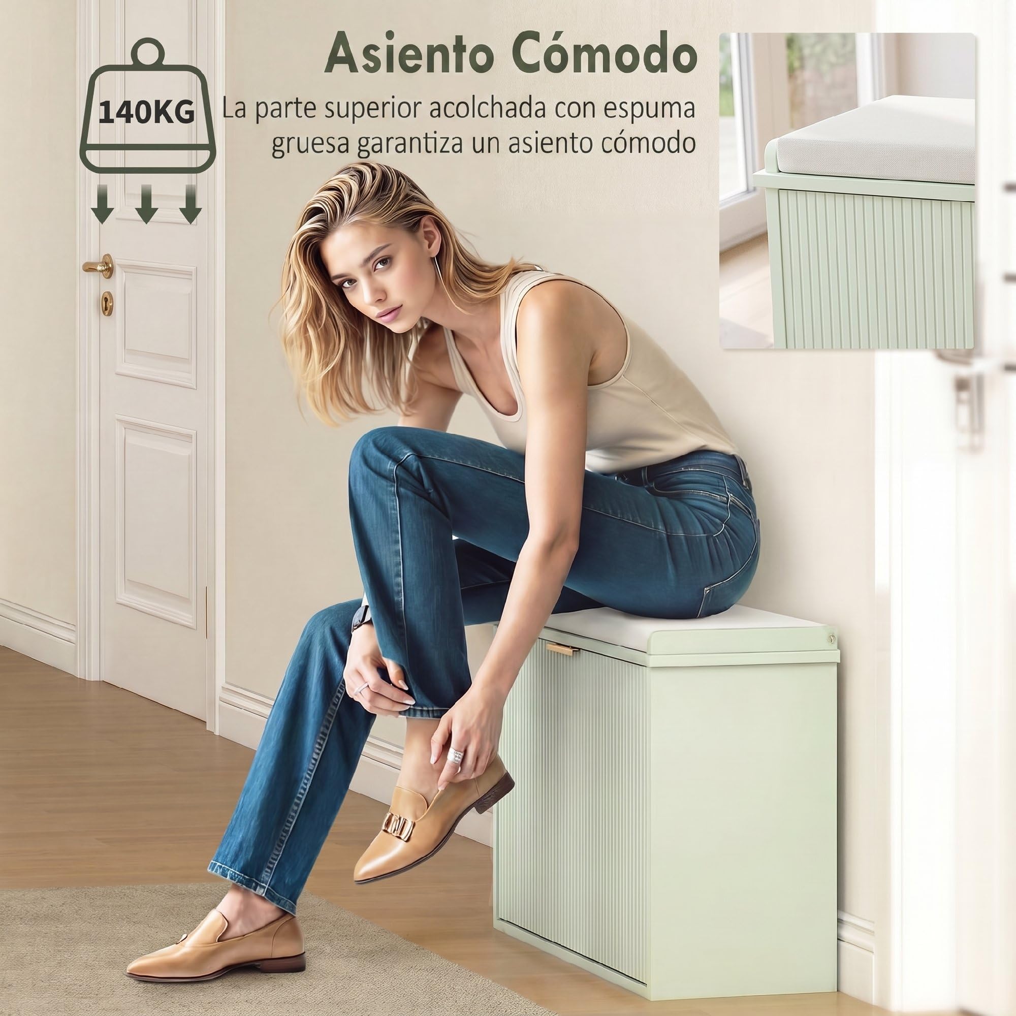 HOMCOM Banco Zapatero Estrecho con Asiento 80x26x47,5cm Verde Claro | Banco Recibidor, Asiento Acolchado, Cajón Abatible, Estante Ajustable, para 8 Pares de Zapatos, para Entrada, Dormitorio
