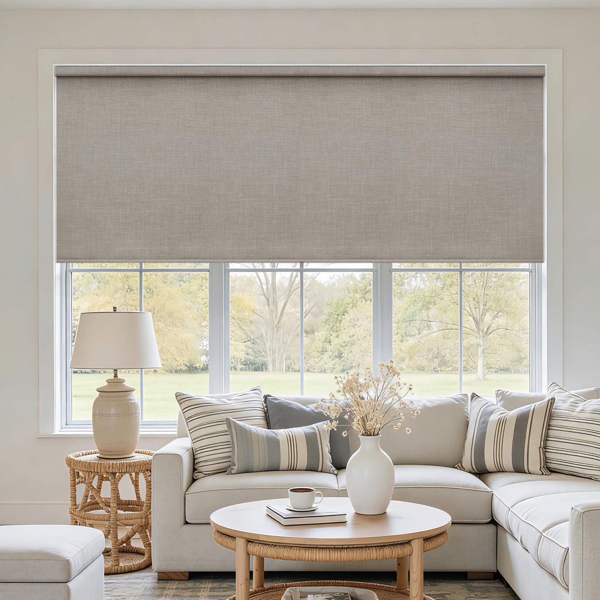 Extra Wide Blackout Roller Shades Free-Stop Cordless Blinds for Large Window Bedroom Living Room Dining, Linen Blackout Thermal Insulated Shades with Valance, Room Darkening Neutral Blinds for Home