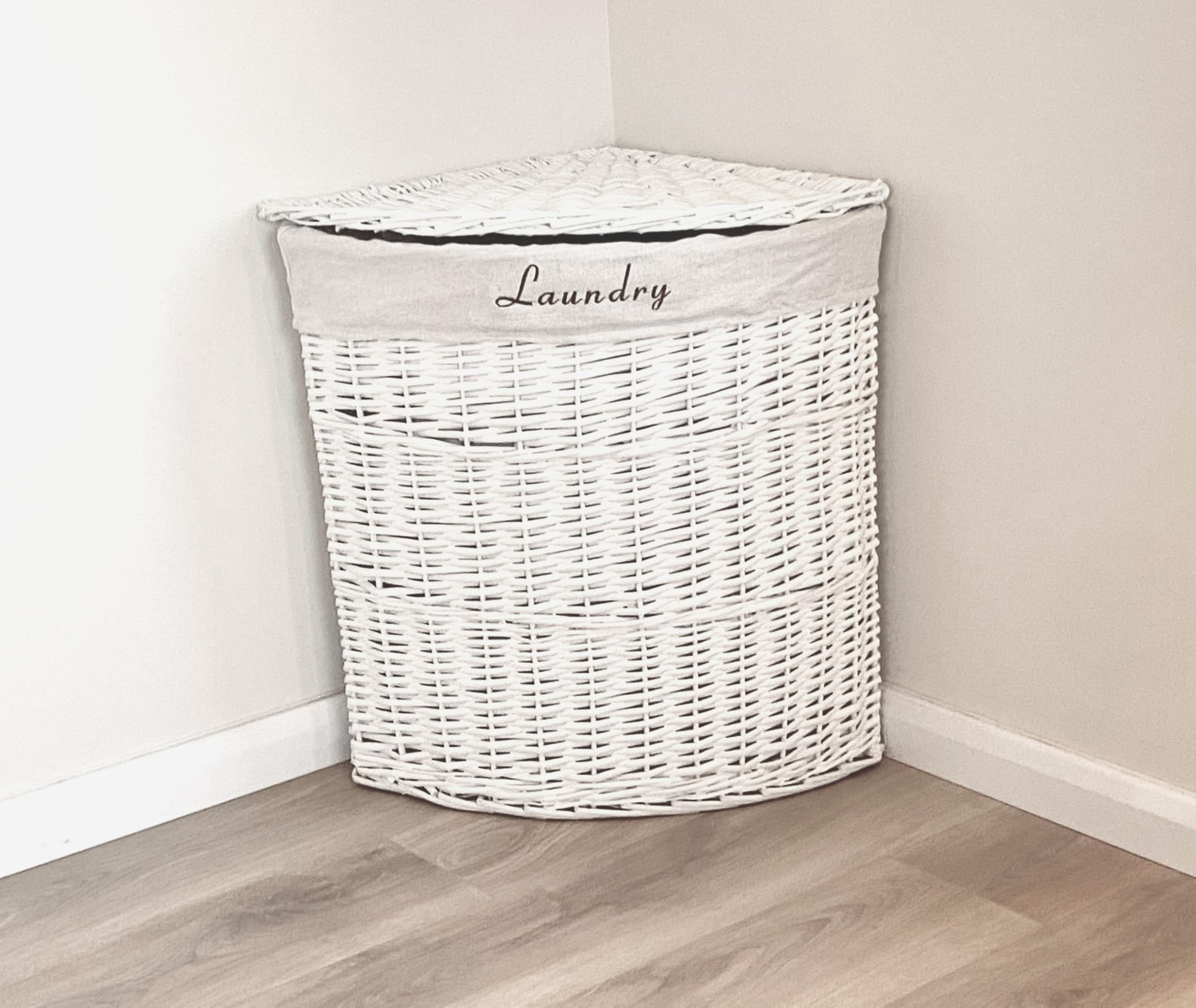 Topfurnishing White Corner Wicker Laundry Basket With Lid Washing Basket Hamper Removable Cotton Lining Large 62 X 46 X 60 Cm