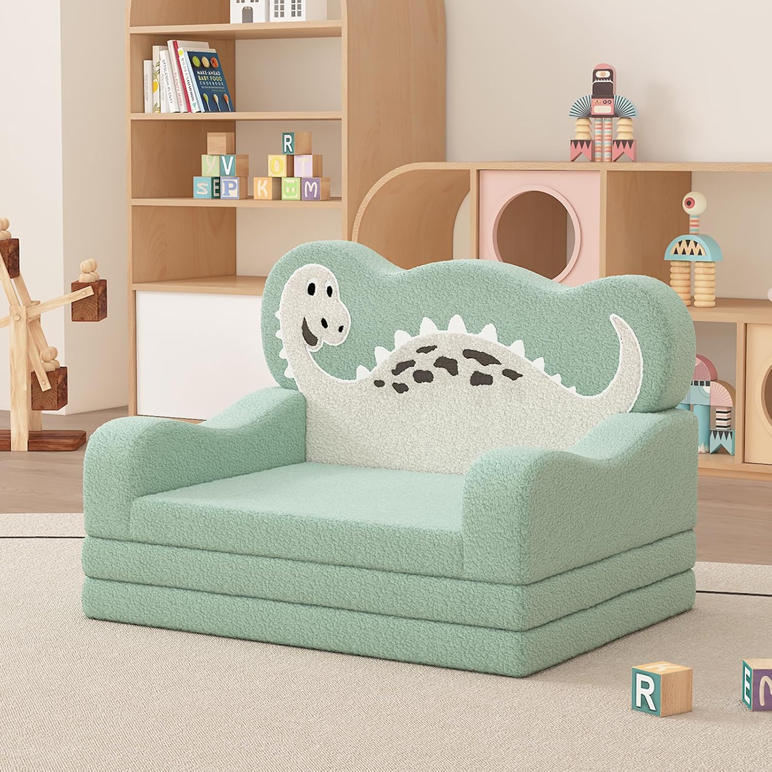 YACODAVO 2-in-1 Toddler Couch Fold Out, Foldable Kids Sofa, Kids Chairs Comfy, Gift for Boys, Gift for Birthday, Children's Day, Green Dinosaur