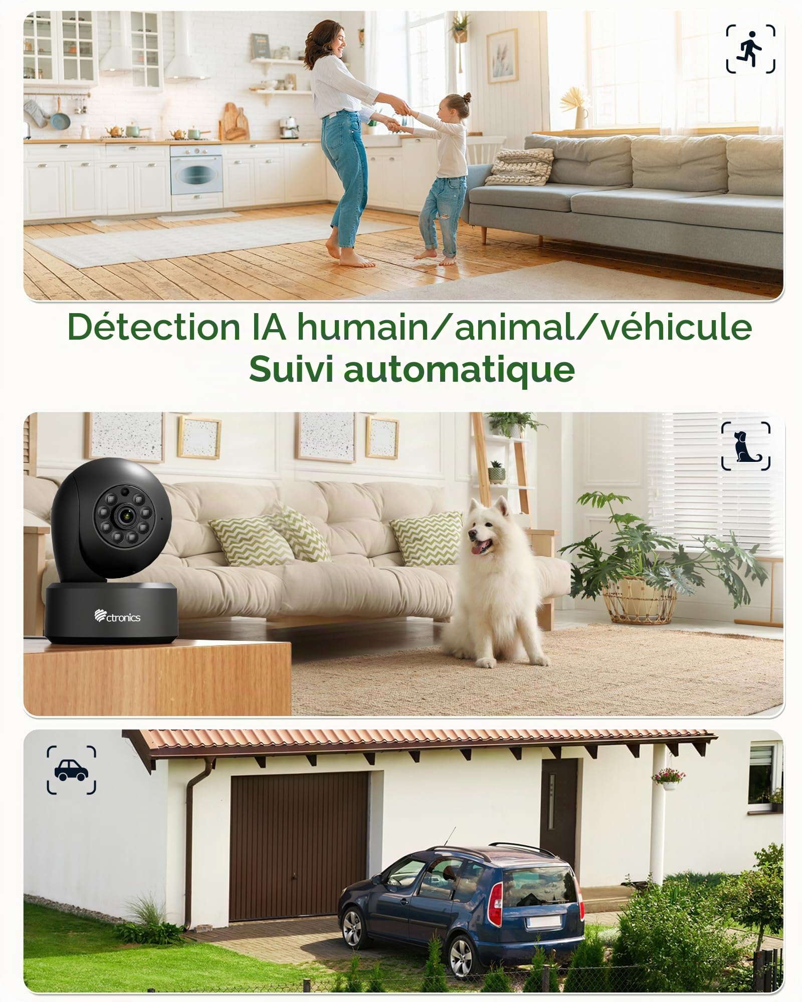 Ctronics 4K Caméra Surveillance WiFi Intérieure, Suivi Auto, Détection AI Humain/Animal, WiFi 2.4/5GHz, Cloud & 256Go TF, FTP/NVR/NAS, Vision Nocturne, 24/7, Smartphone & PC PTZ, 355° Pan/120° Tilt