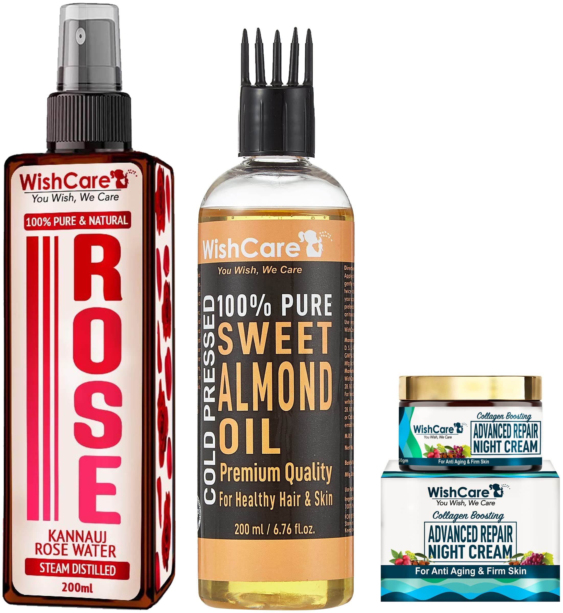 WishCare Collagen Boosting - Advance Repair Night Cream&Pure Cold Pressed Sweet Almond Oil and Glowing Skin & Face - 200ml&WishCare Rose Water