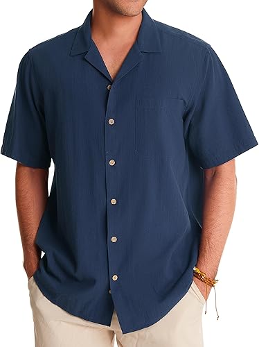 Alimens & Gentle Camisas de lino para hombre, de manga corta, con botones, de algodón, para verano, playa, cubanas, camisas hawaianas