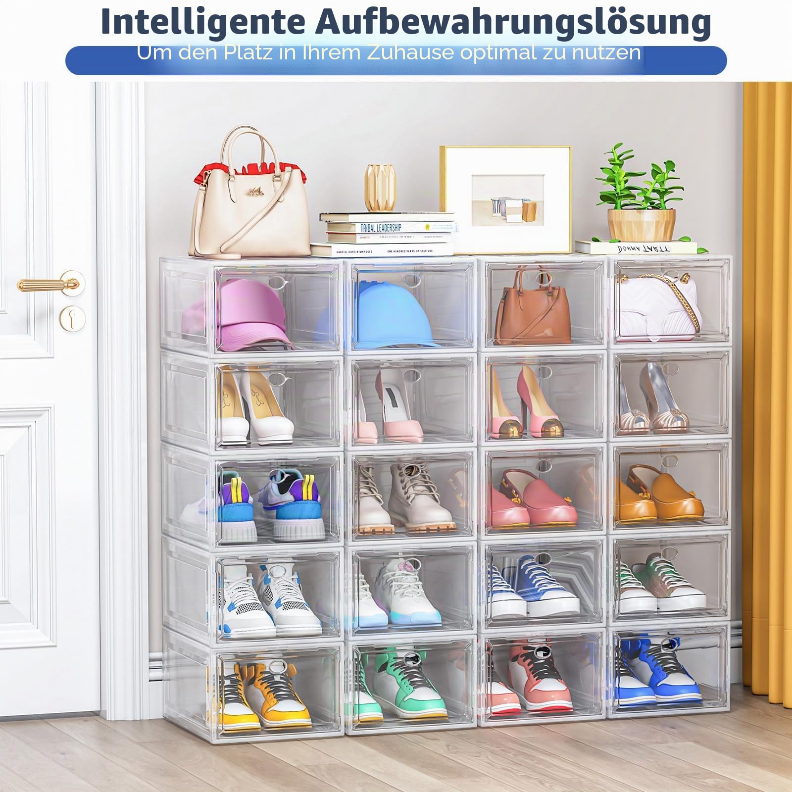 TidyTrove Schuhboxen stapelbar, 9 Stück Schuhboxen aus klarem Kunststoff, faltbar und stapelbar Schuhorganisatoren mit Magnettür für Größe 46, Weiß