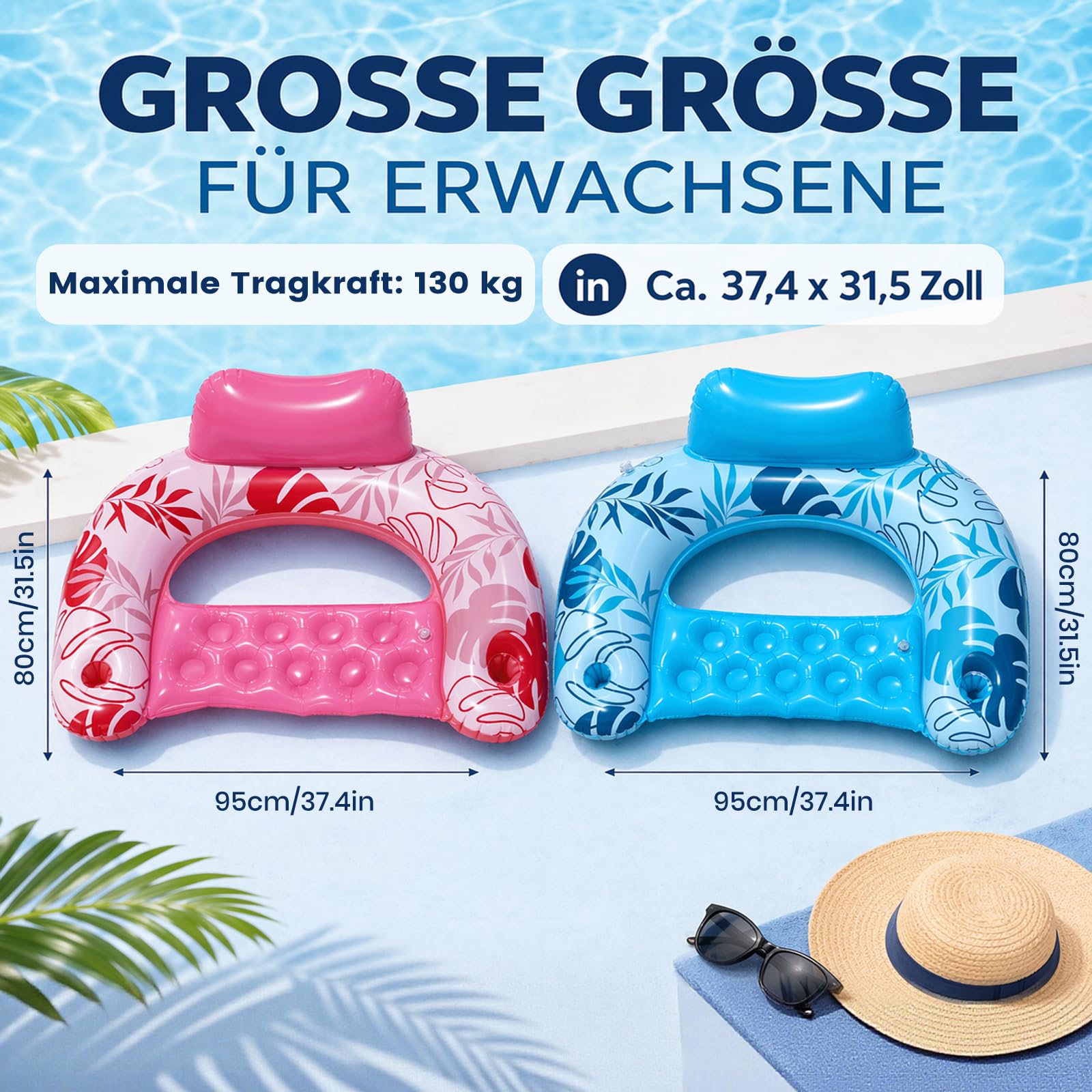 Colchón de aire para piscina, juguete de agua para adultos - Sillón portavasos | Hamaca hinchable para piscina, 2 unidades, color azul y rosa