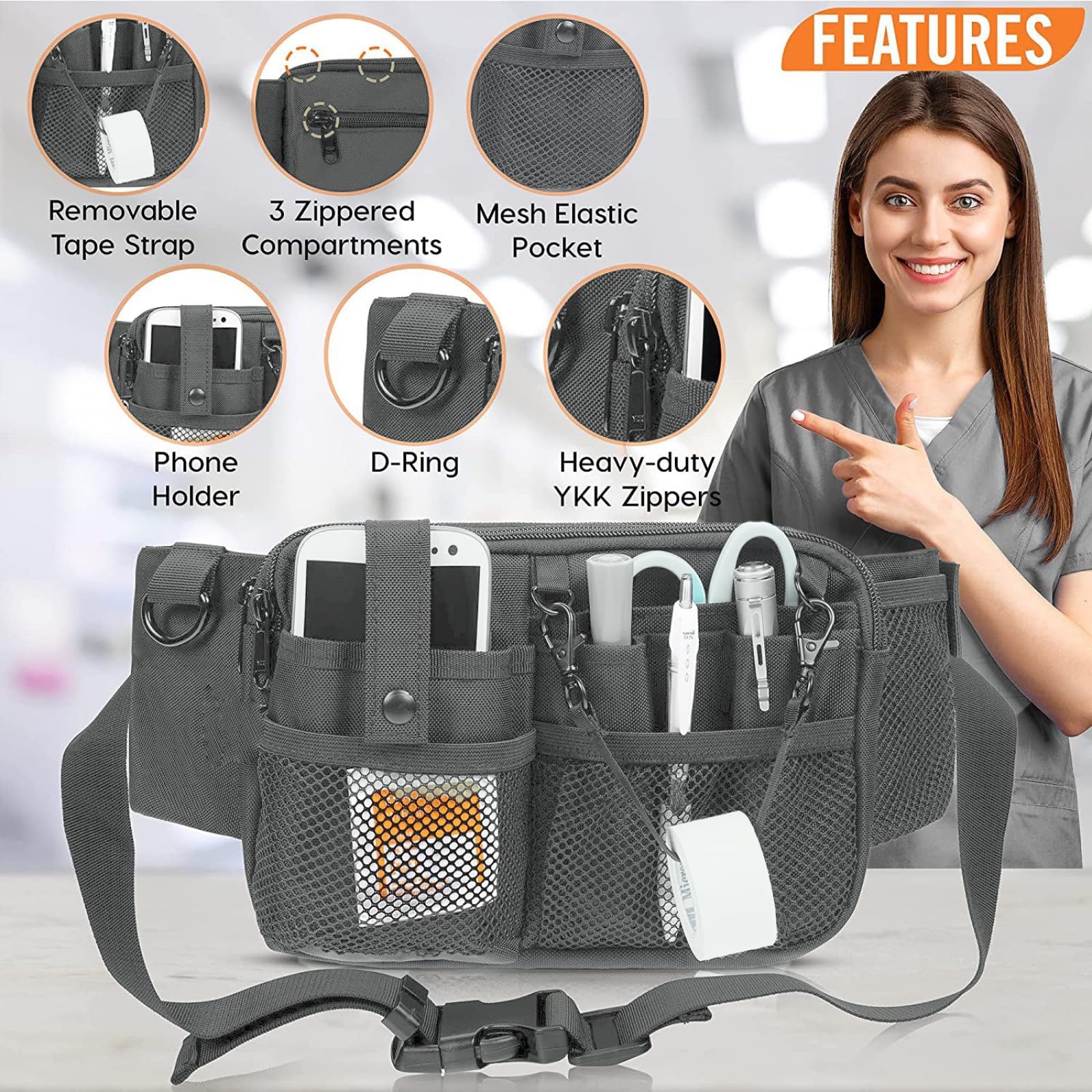 Bolsa de Enfermera, Riñonera Organizadora para Enfermeras, con Riñonera Ajustable y Múltiples Bolsillos (Gris)